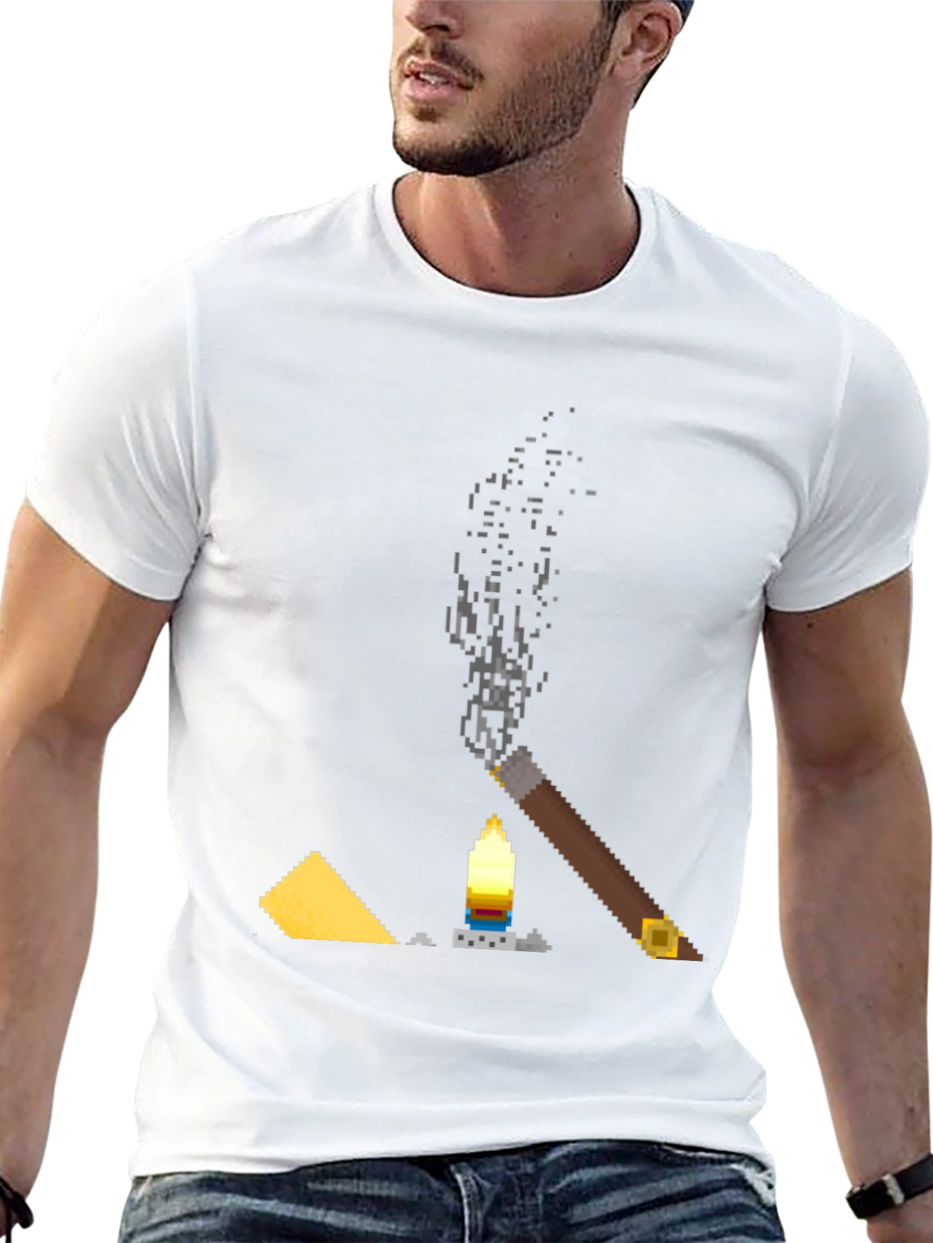 Pixel Art Cigar & Candle Graphic T-Shirt - 13