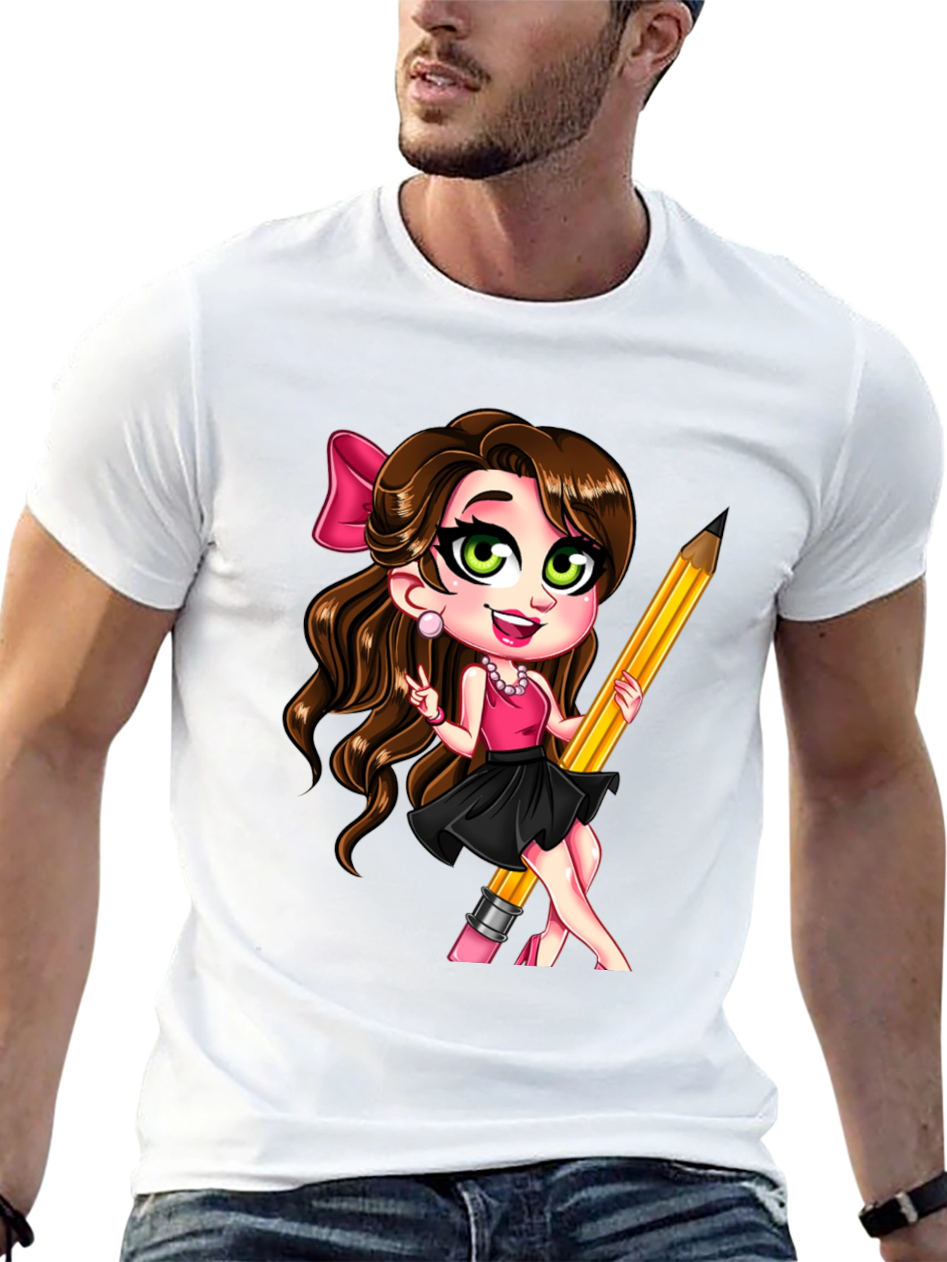 Black Fun Cartoon Girl with Pencil Black T-Shirt view 13