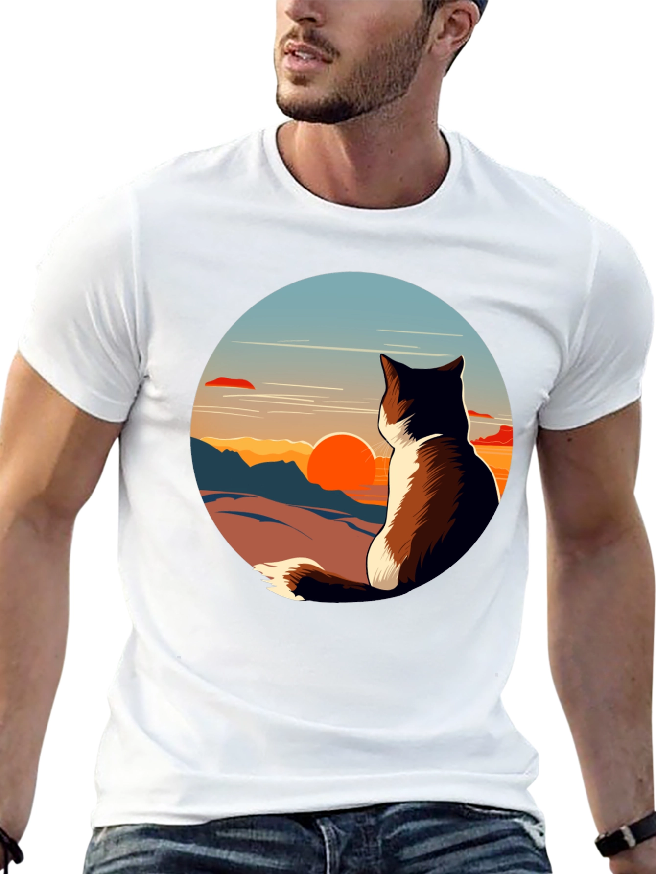 Black Sunset Cat Graphic Tee - Unisex Black T-Shirt view 13