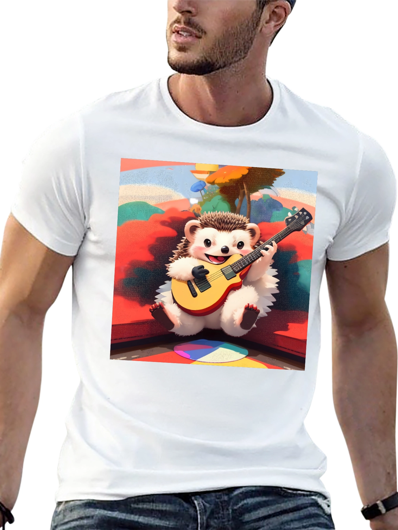 Black Playful Hedgehog Guitarist Graphic Tee view 13