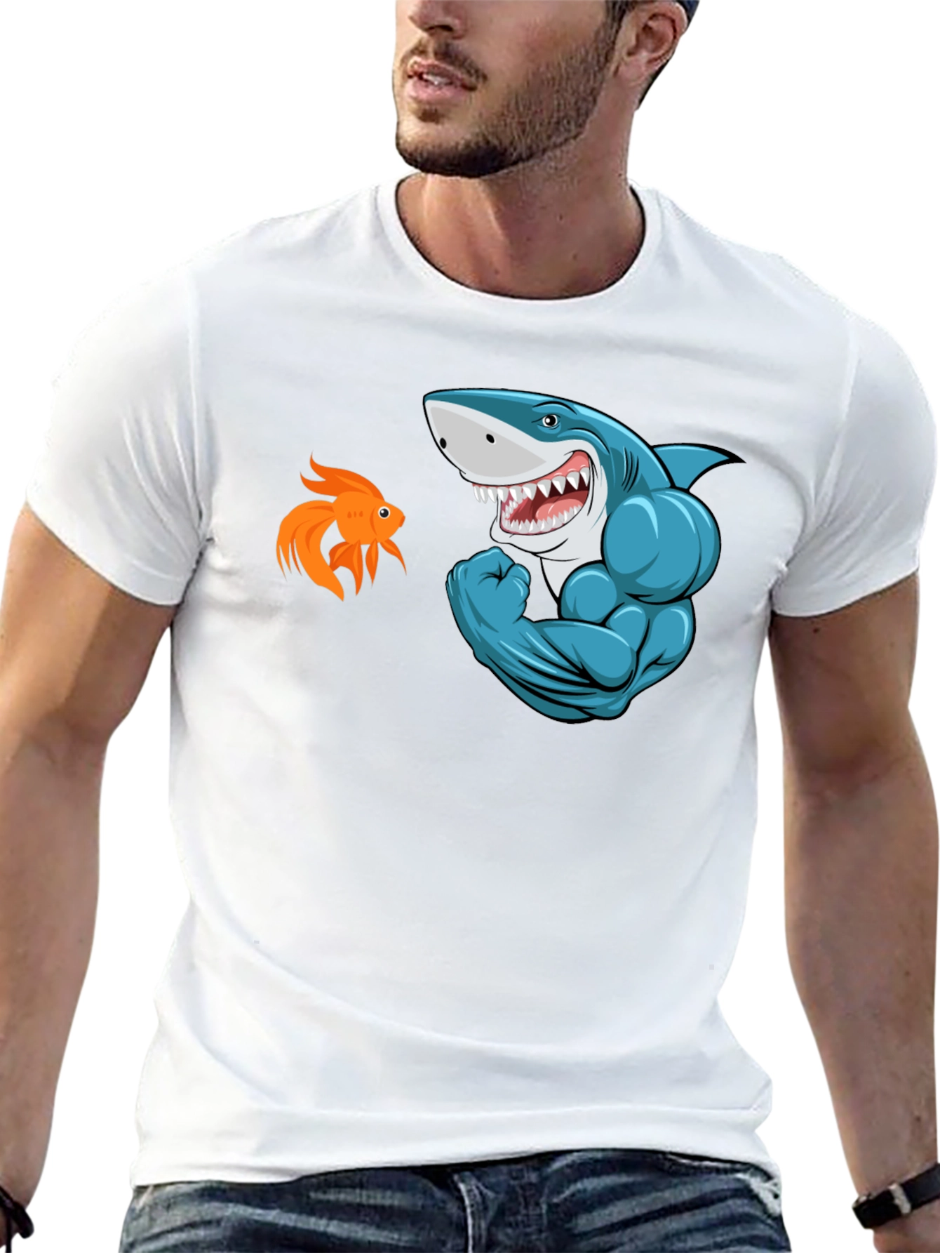 Black Funny Shark vs Goldfish Graphic Tee view 13
