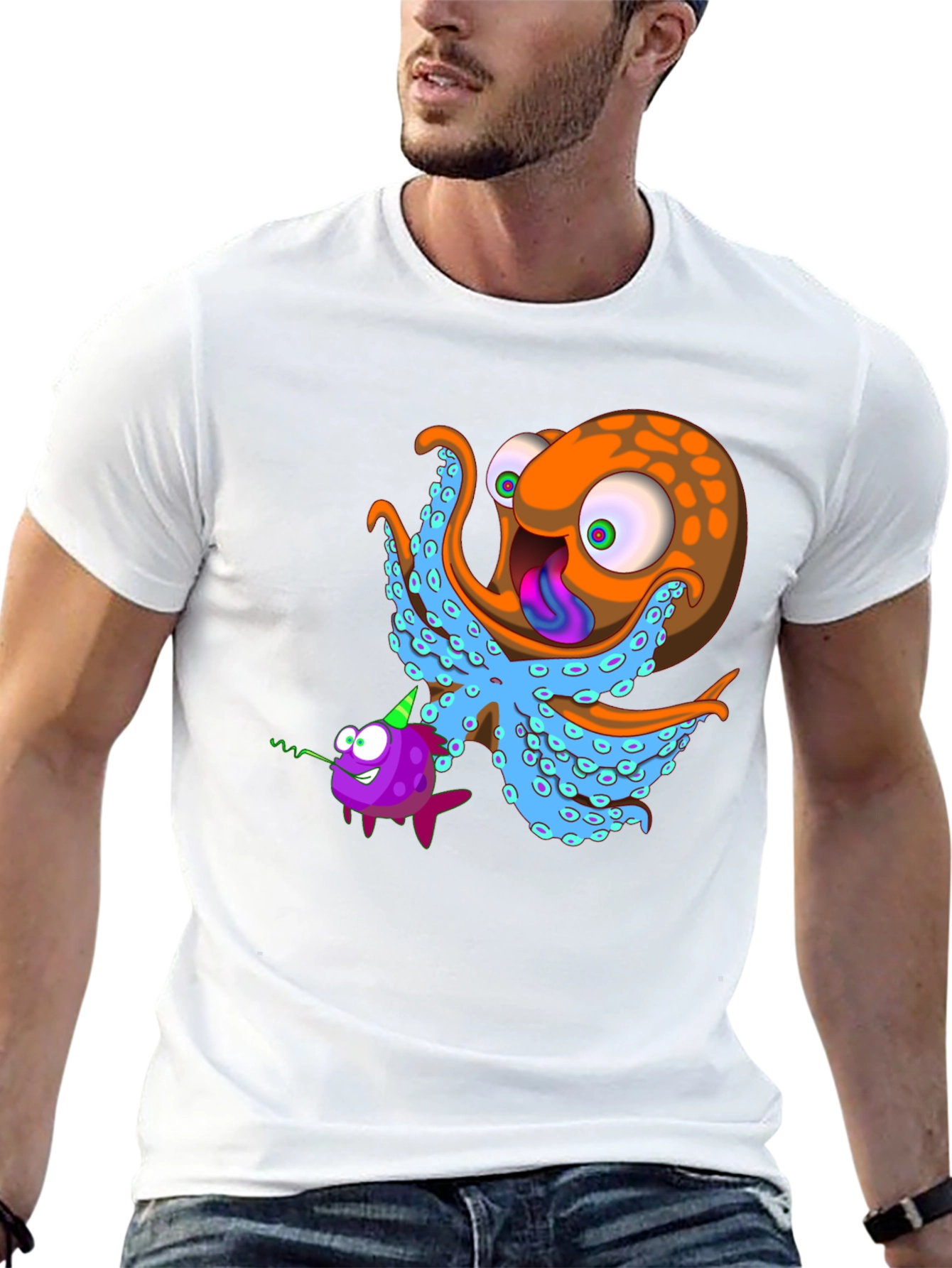 Black Octopus & Fish Graphic Tee - Unique Cartoon Design view 13