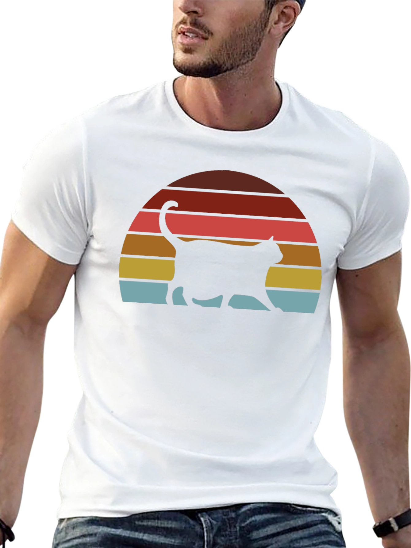 Black Retro Cat Sunset T-Shirt - Classic Design view 13