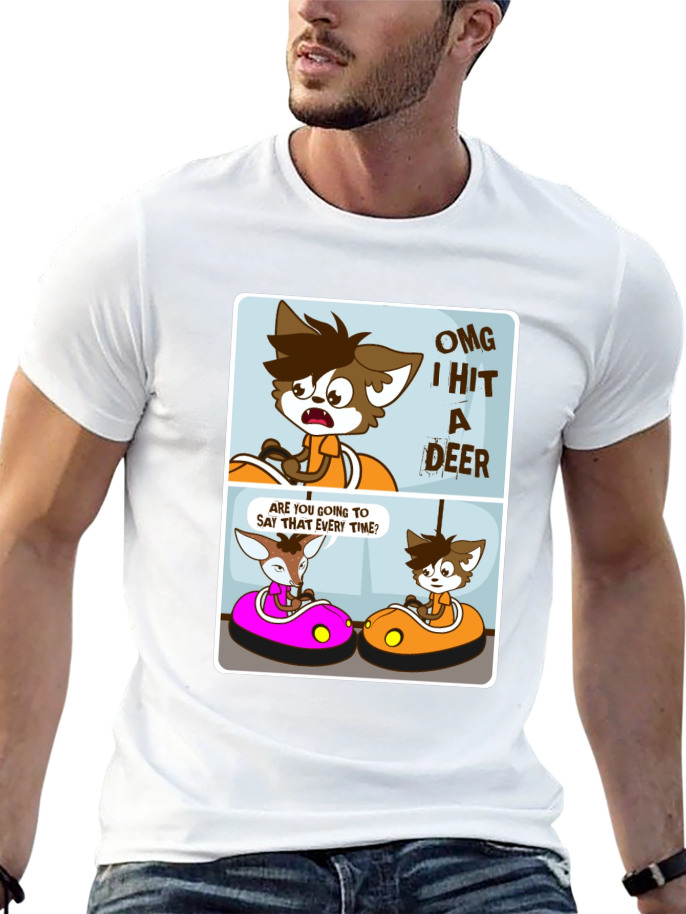 Black Cartoon Deer Bumper Cars Black T-Shirt view 13