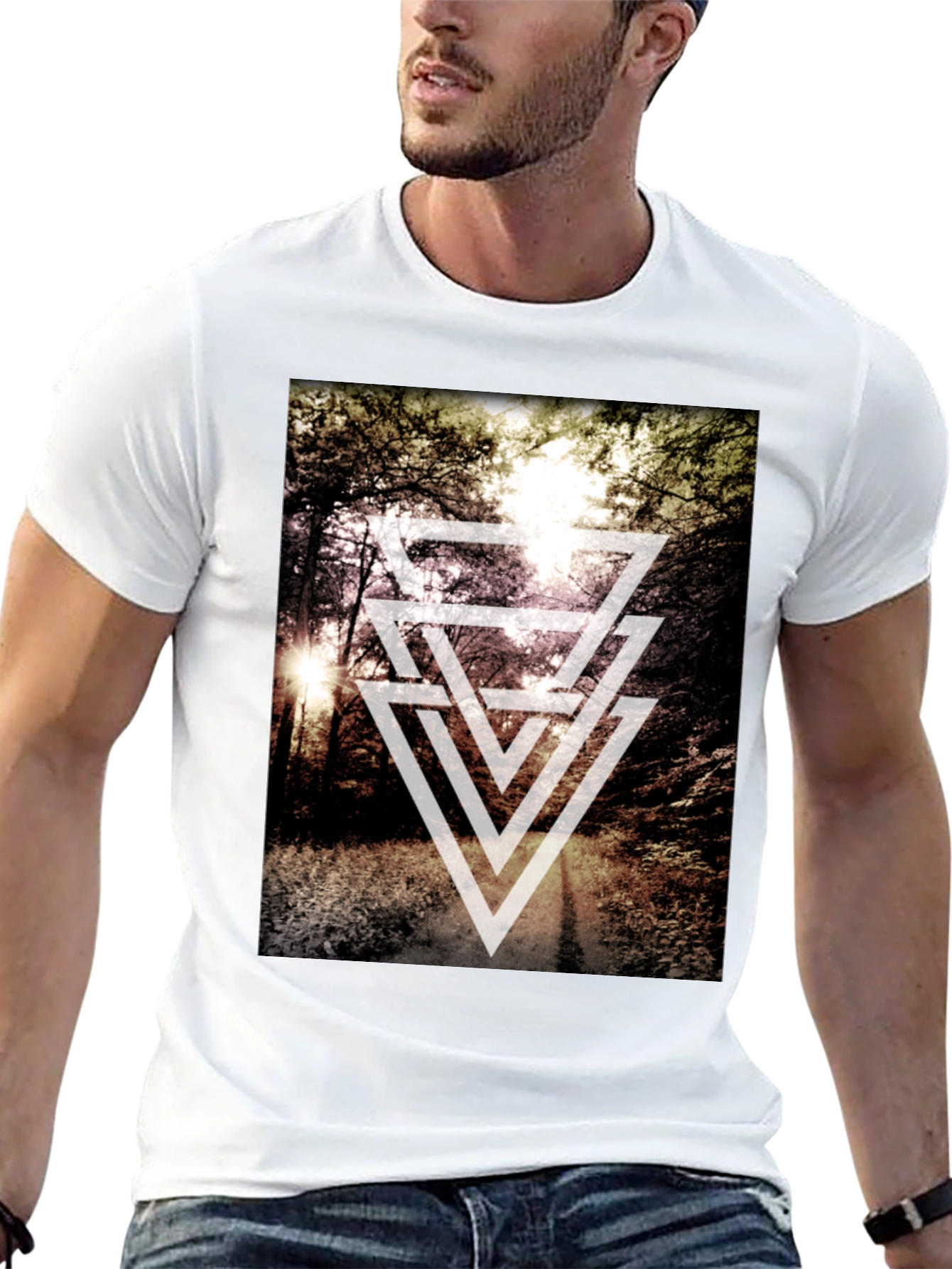 Black Geometric Forest Print T-Shirt - Modern Style view 13