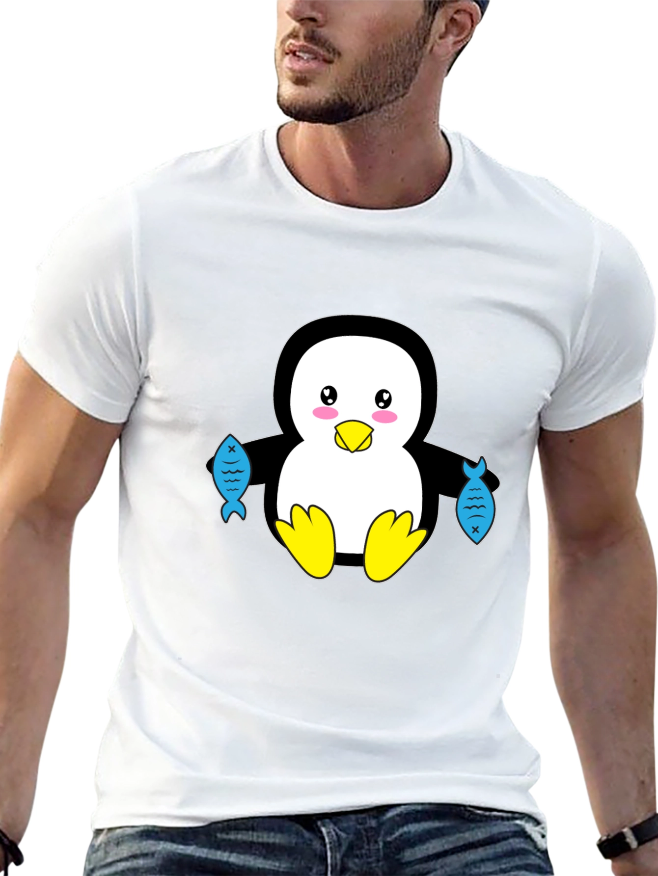 Black Cute Penguin Holding Fish Graphic T-Shirt view 13