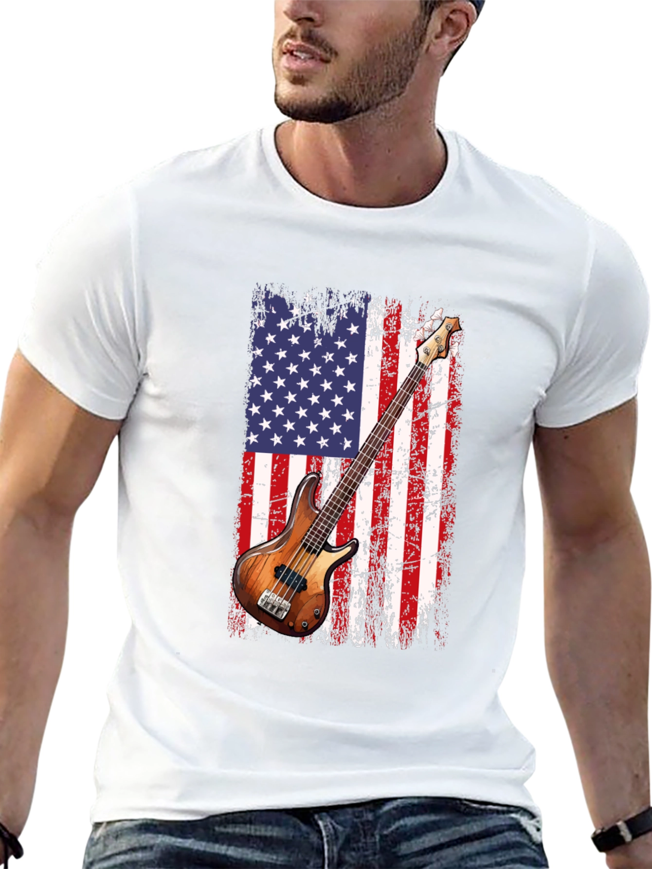 Black USA Flag Bass Guitar T-Shirt view 13