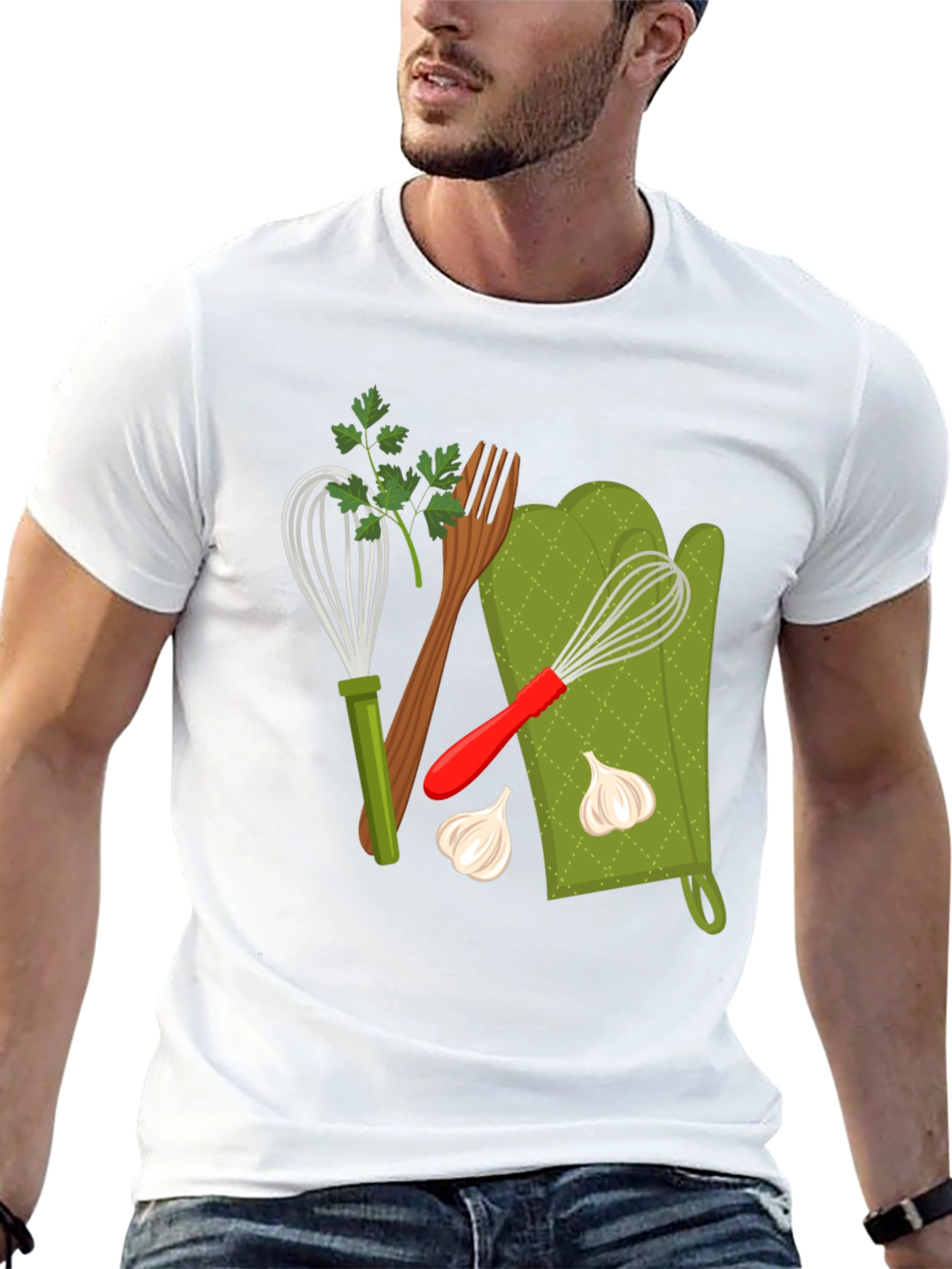 Black Cooking Lover Graphic T-Shirt: Whisk, Fork, and Garlic Design view 13