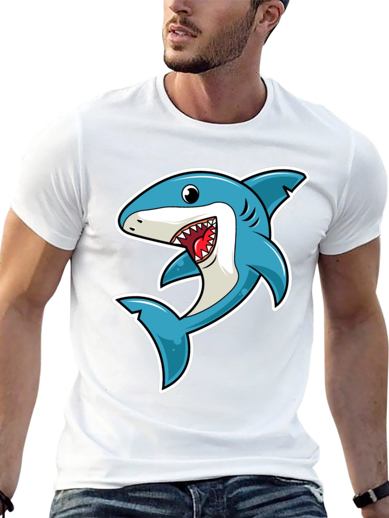 Black Shark Cartoon Graphic Tee - Black Cotton T-Shirt view 13