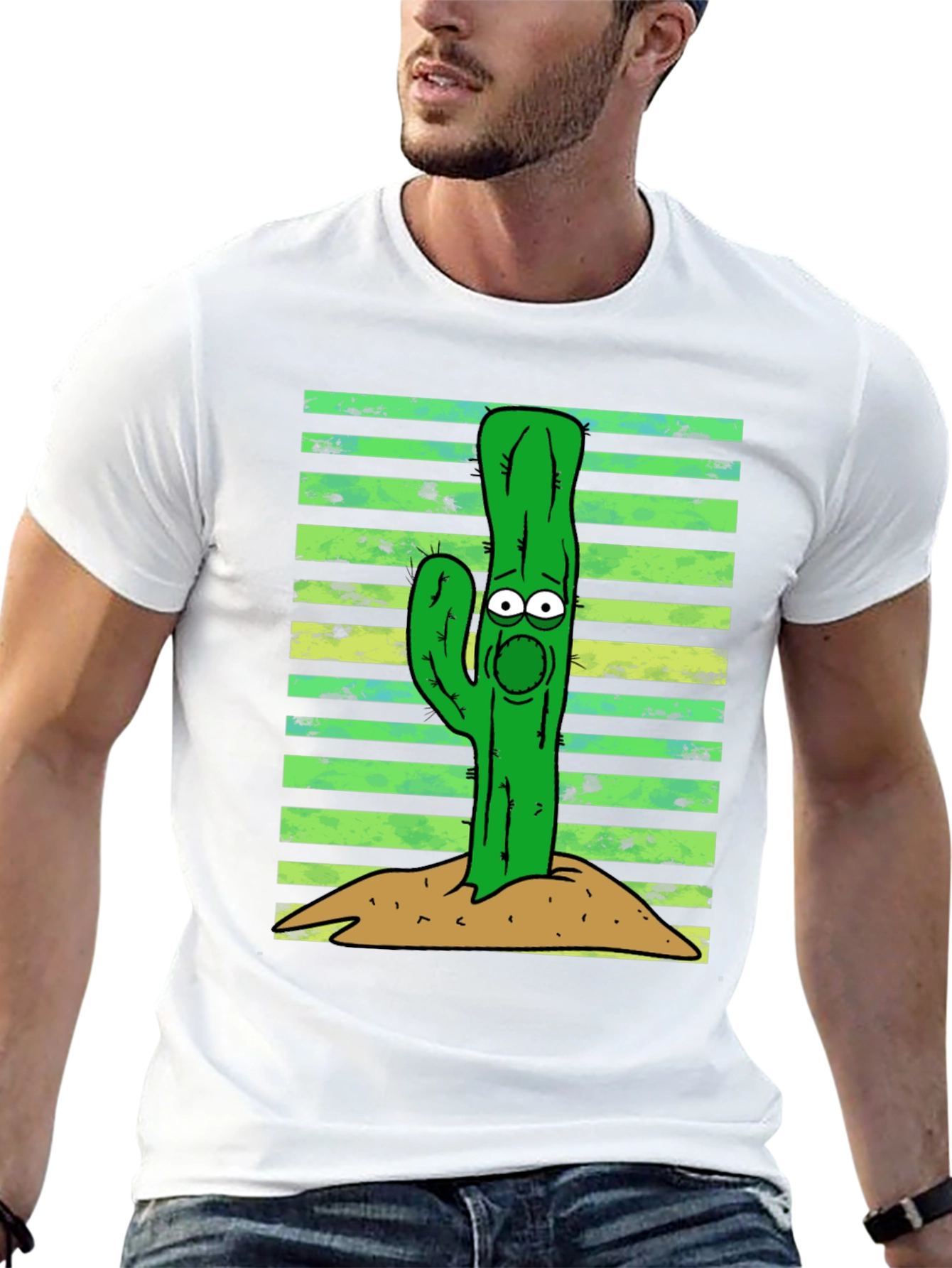 Black Cartoon Cactus Graphic Tee - Unisex Black T-Shirt view 13