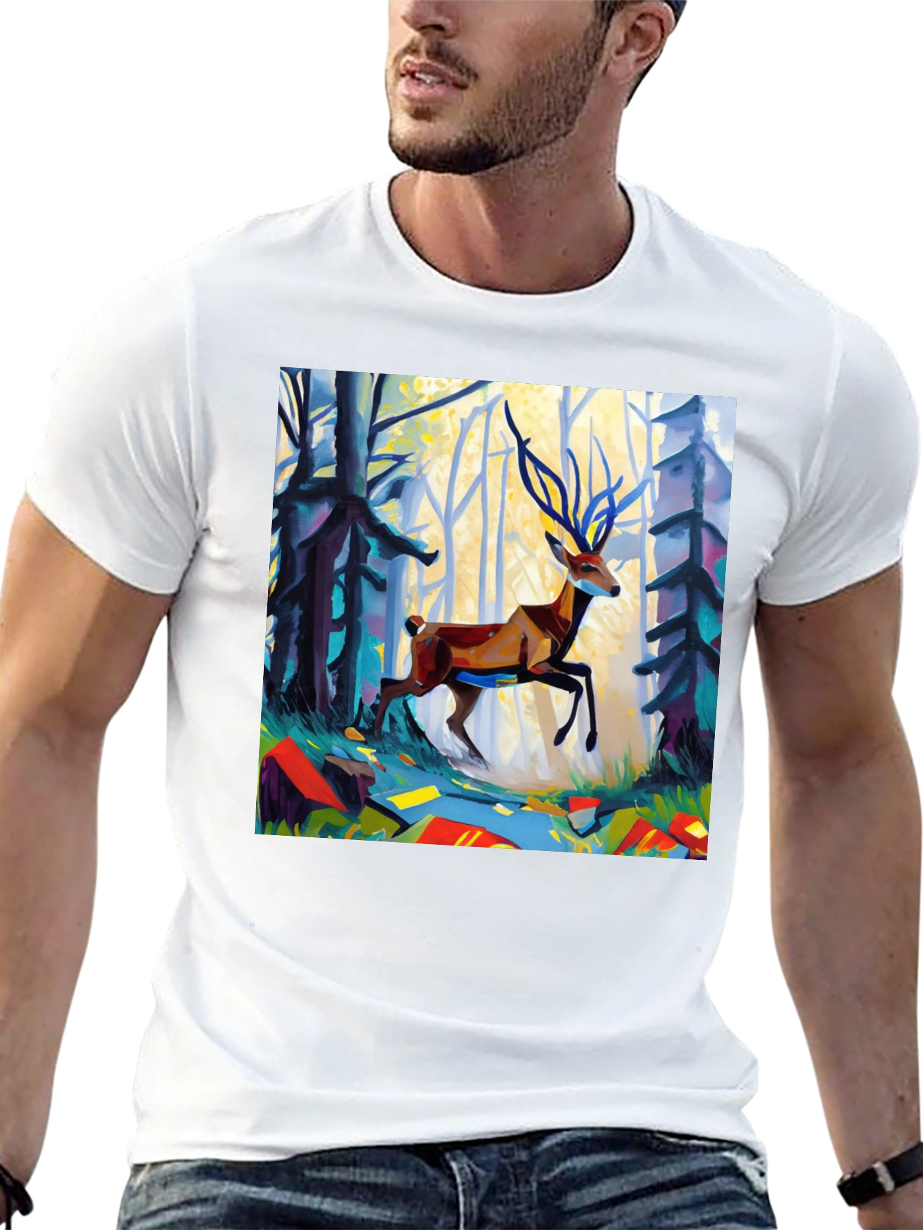 Abstract Deer Forest Graphic Tee - Black Casual T-Shirt - 13
