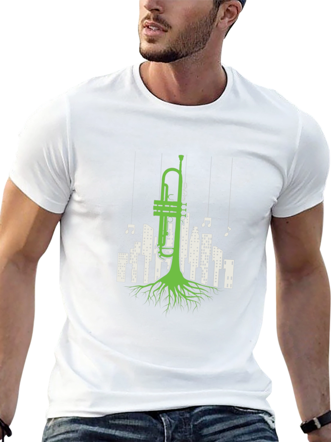 Black Jazz Roots T-Shirt - Trumpet Cityscape Design view 13