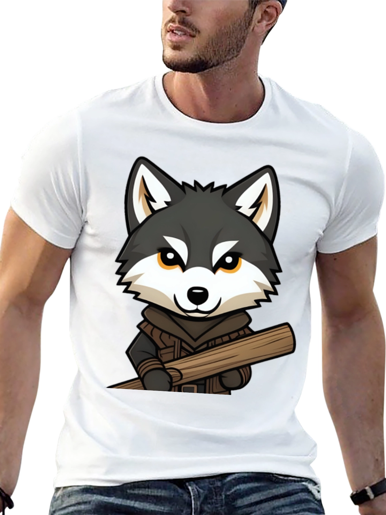 Black Wolf Lumberjack Cartoon Graphic T-Shirt view 13
