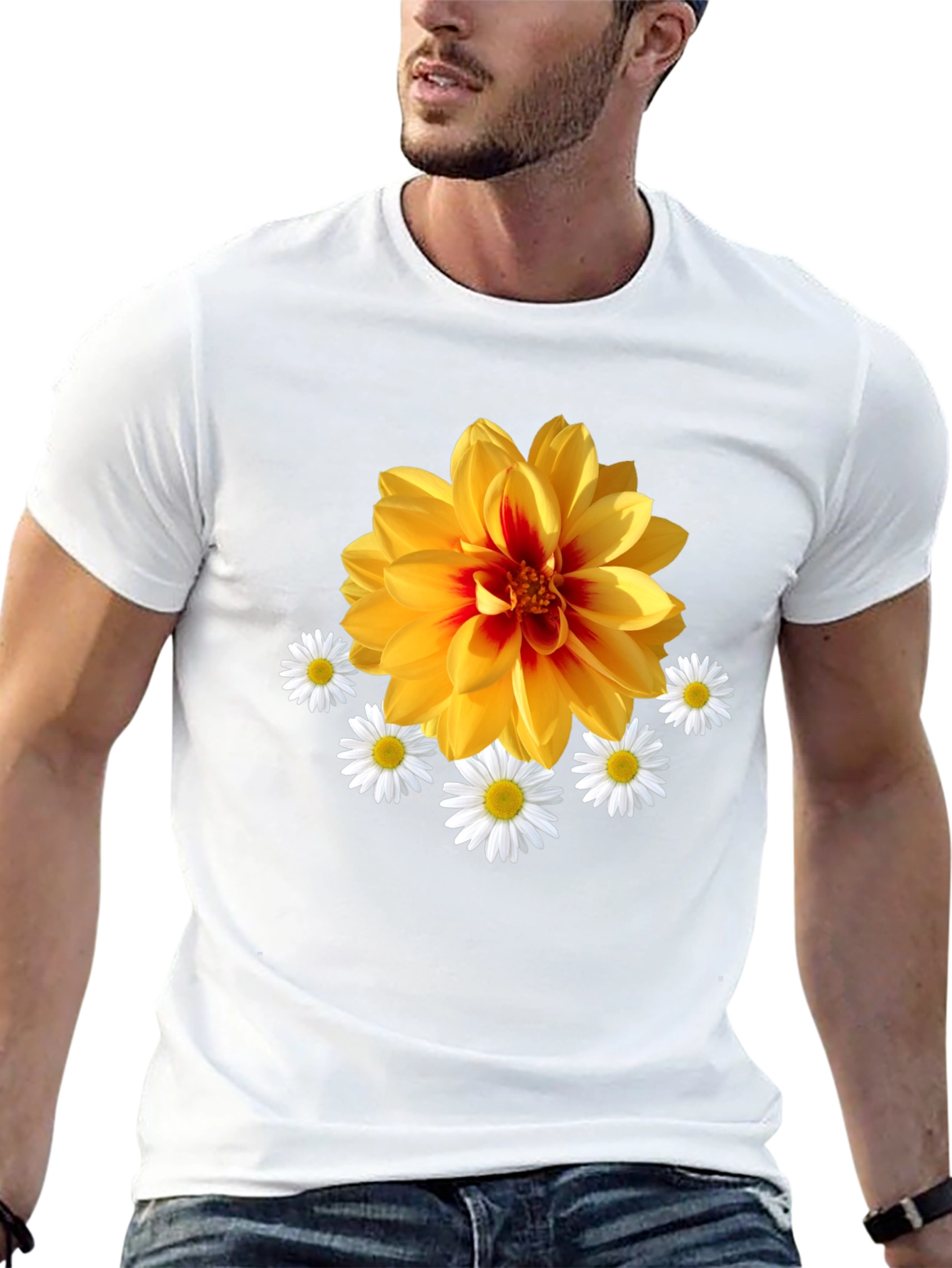 Black Floral Graphic T-Shirt: Yellow Dahlia & Daisies, Black Tee view 13