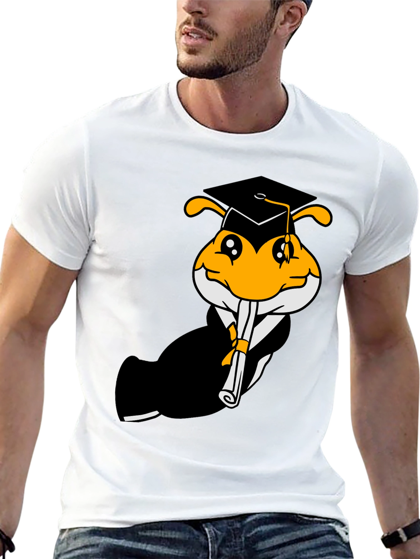 Black Graduation Bee Graphic Tee - Black Cotton T-Shirt view 13