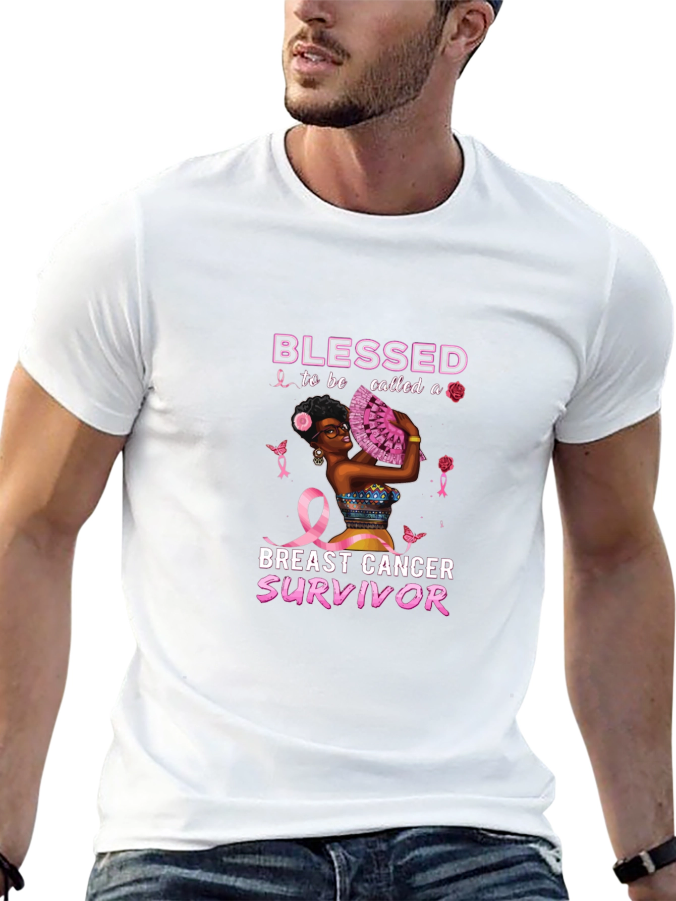 Black Breast Cancer Survivor Blessed Black T-Shirt view 13