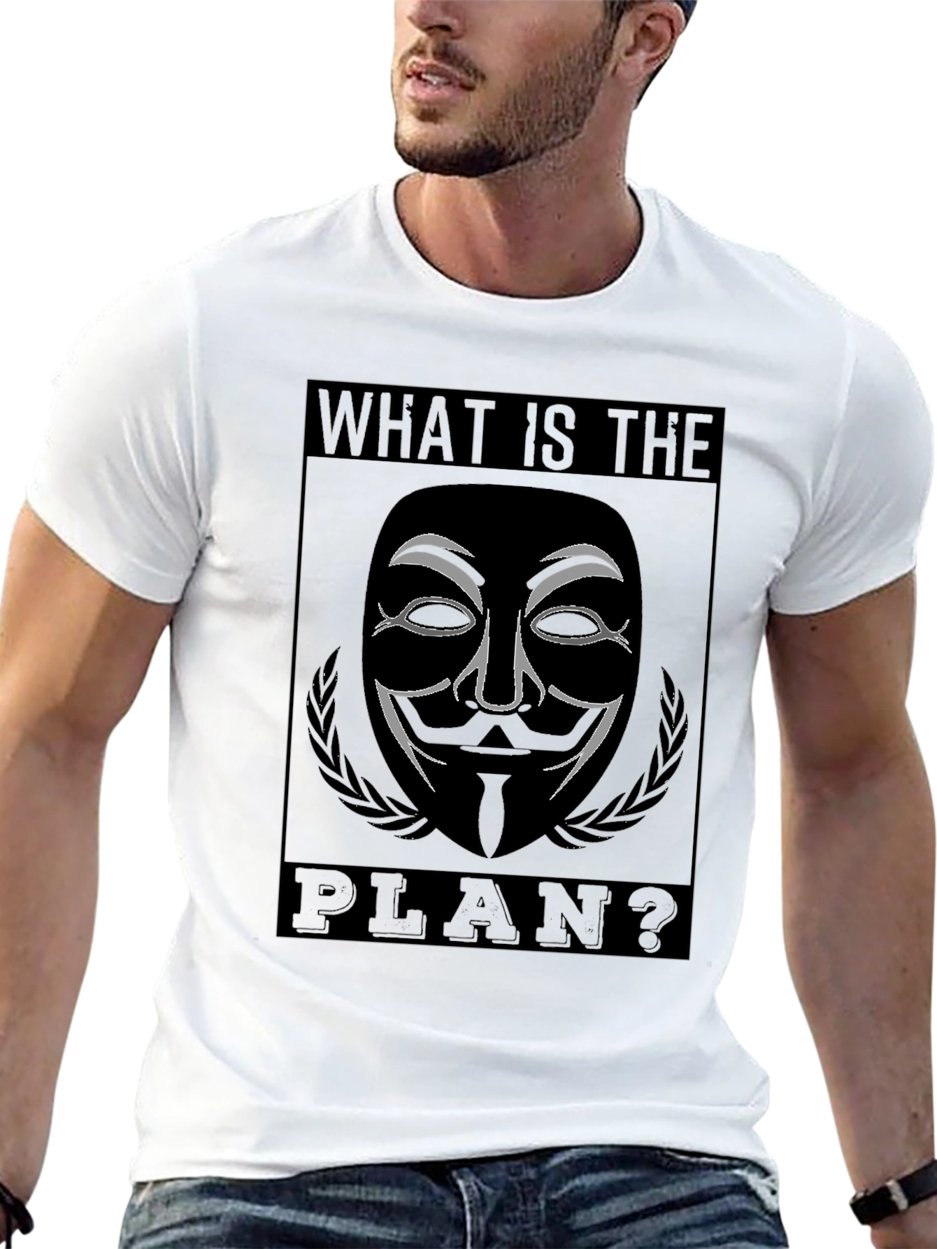 Black Guy Fawkes "What is the Plan?" Black T-Shirt view 13