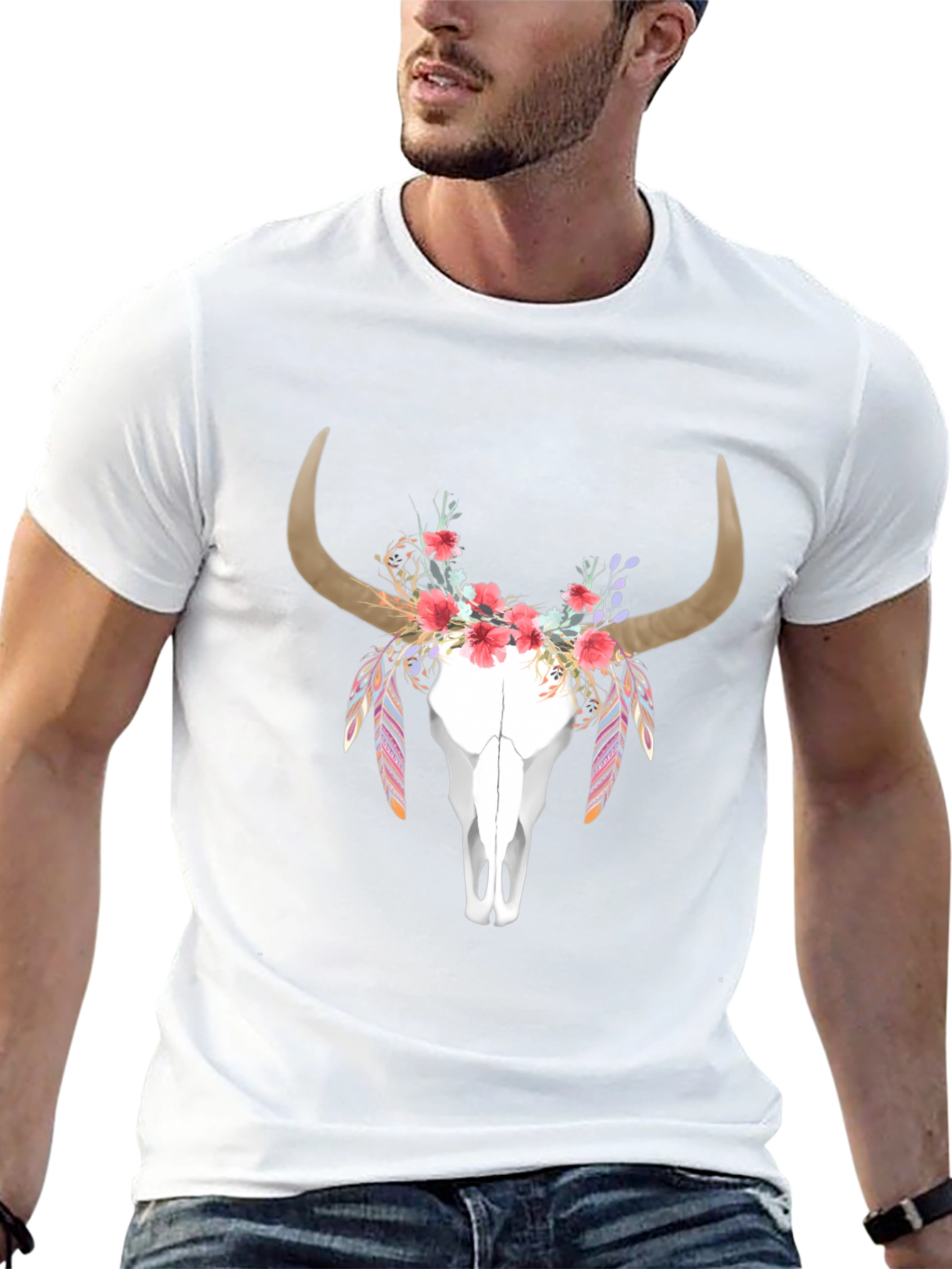 Black Floral Bull Skull Graphic T-Shirt view 13