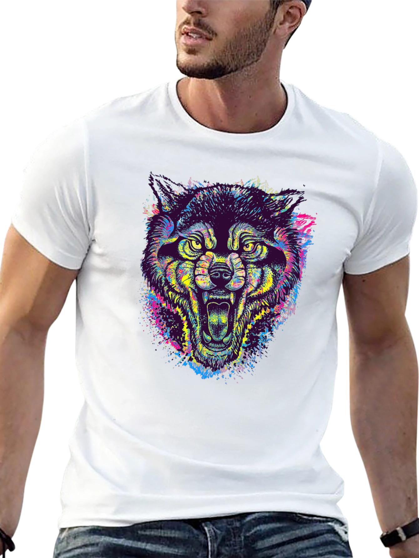 Black Colorful Wolf Graphic Tee - Unique Animal Print T-Shirt view 13
