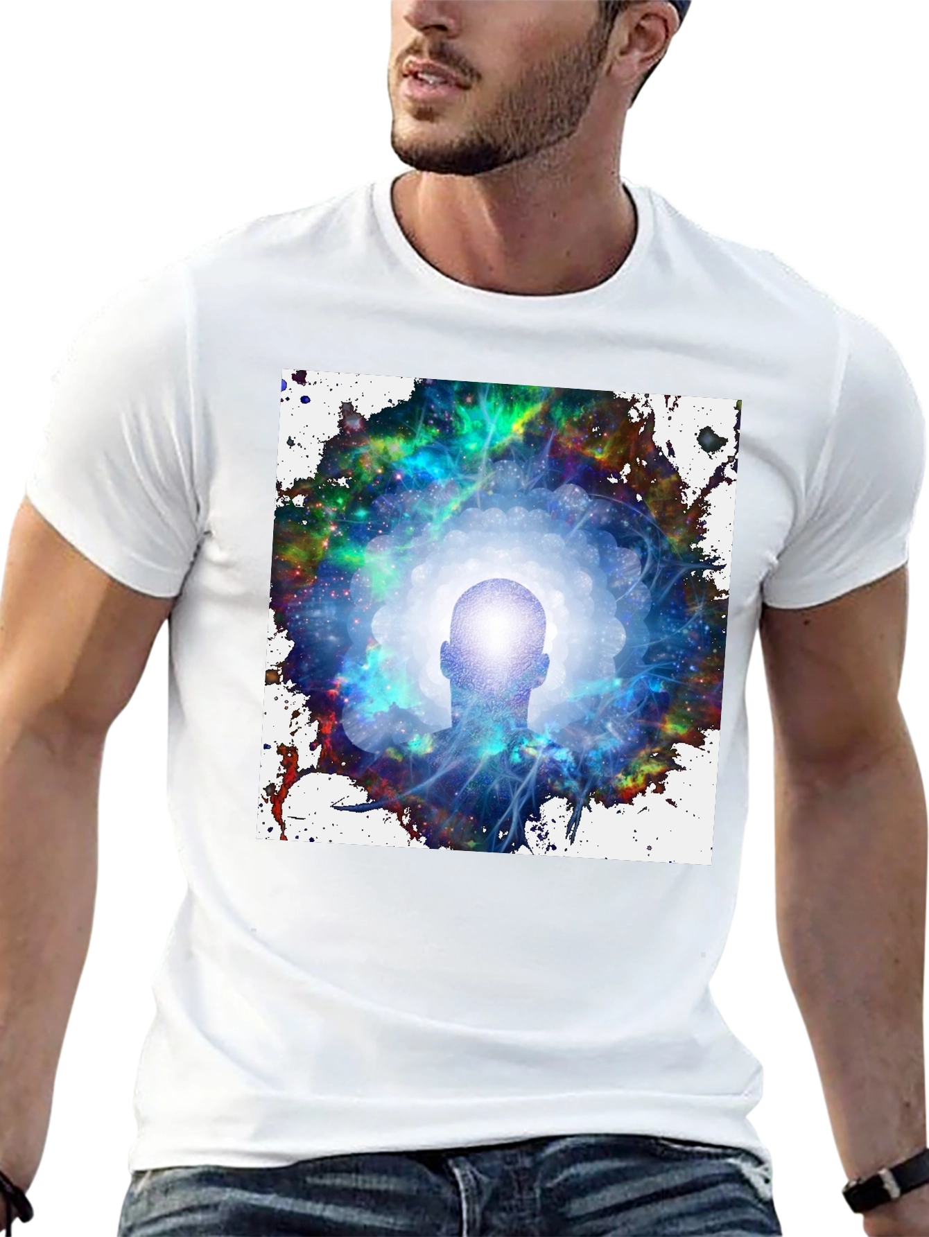 Black Mystical Head in Galaxy Men's Black T-Shirt view 13