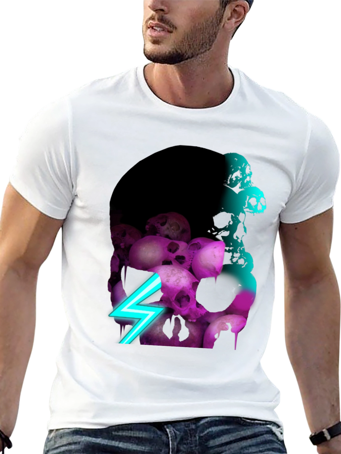 Black Skull Pile Graphic Tee - Neon Lightning Bolt Design view 13