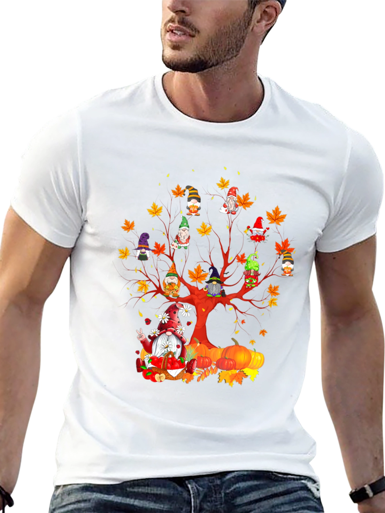 Black Fall Gnomes T-Shirt - Autumn Harvest Tree Design view 13
