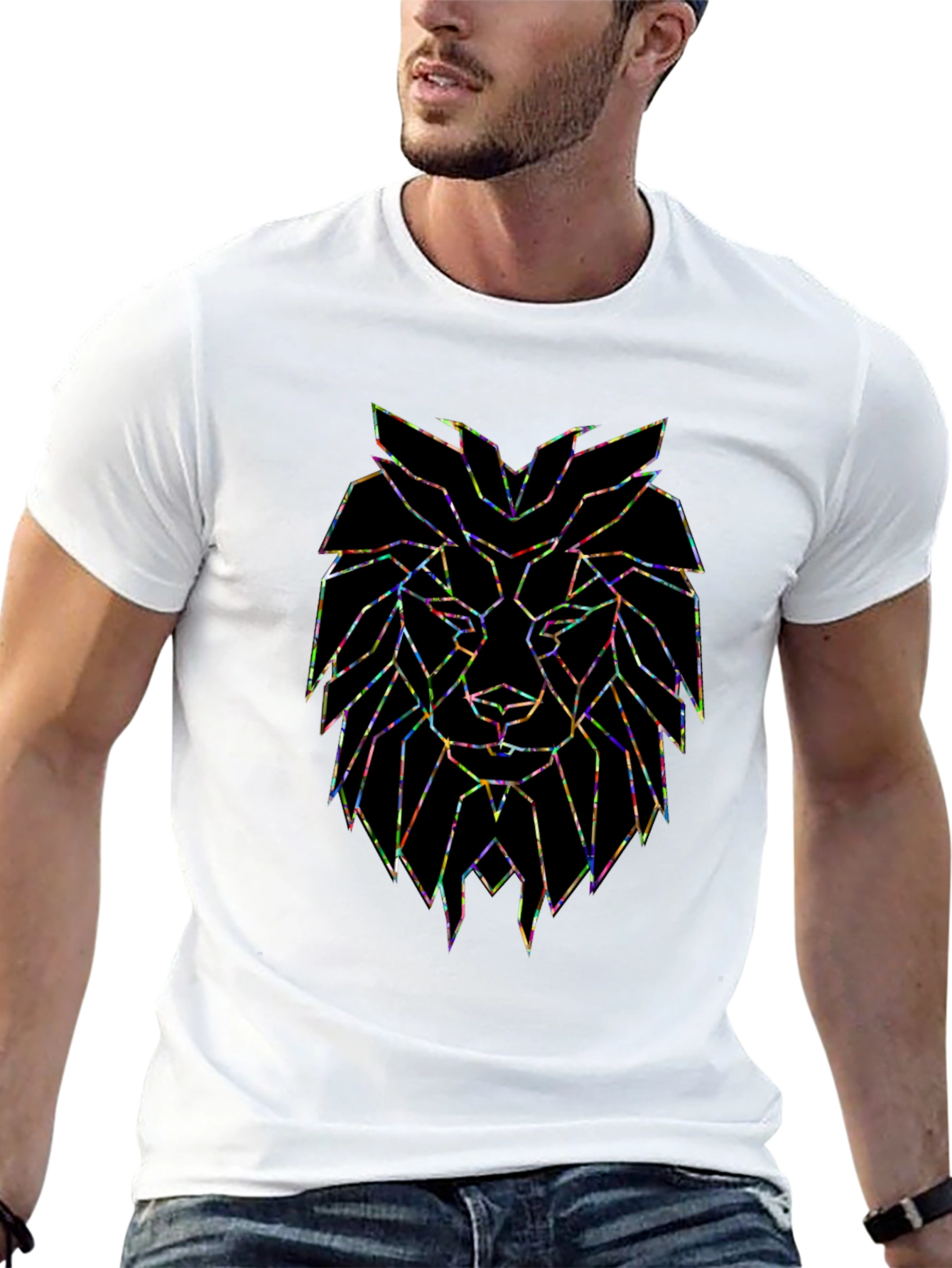 Black Geometric Lion Graphic Black T-Shirt view 13