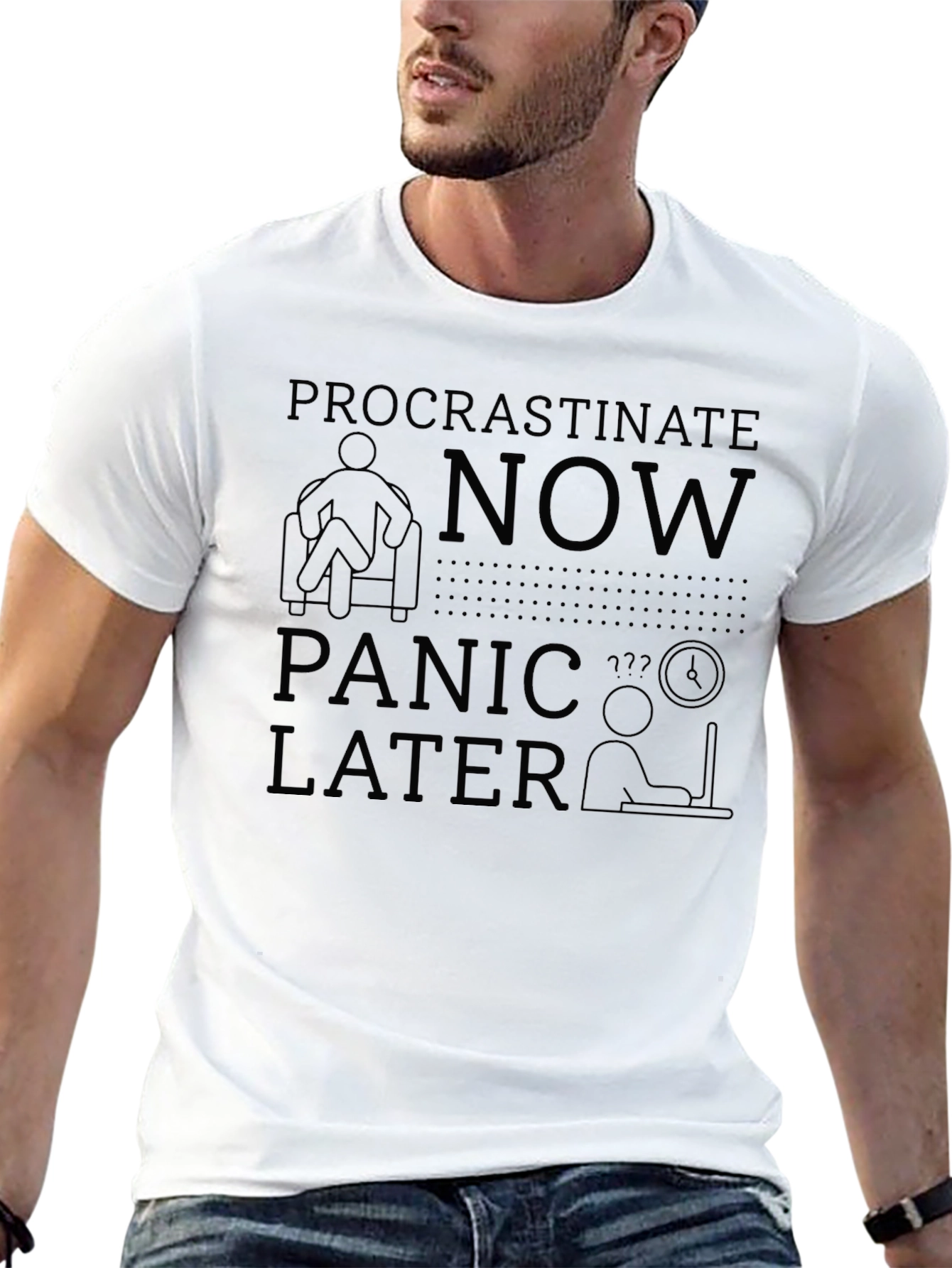 Black Procrastinate Now Panic Later Black T-Shirt view 13