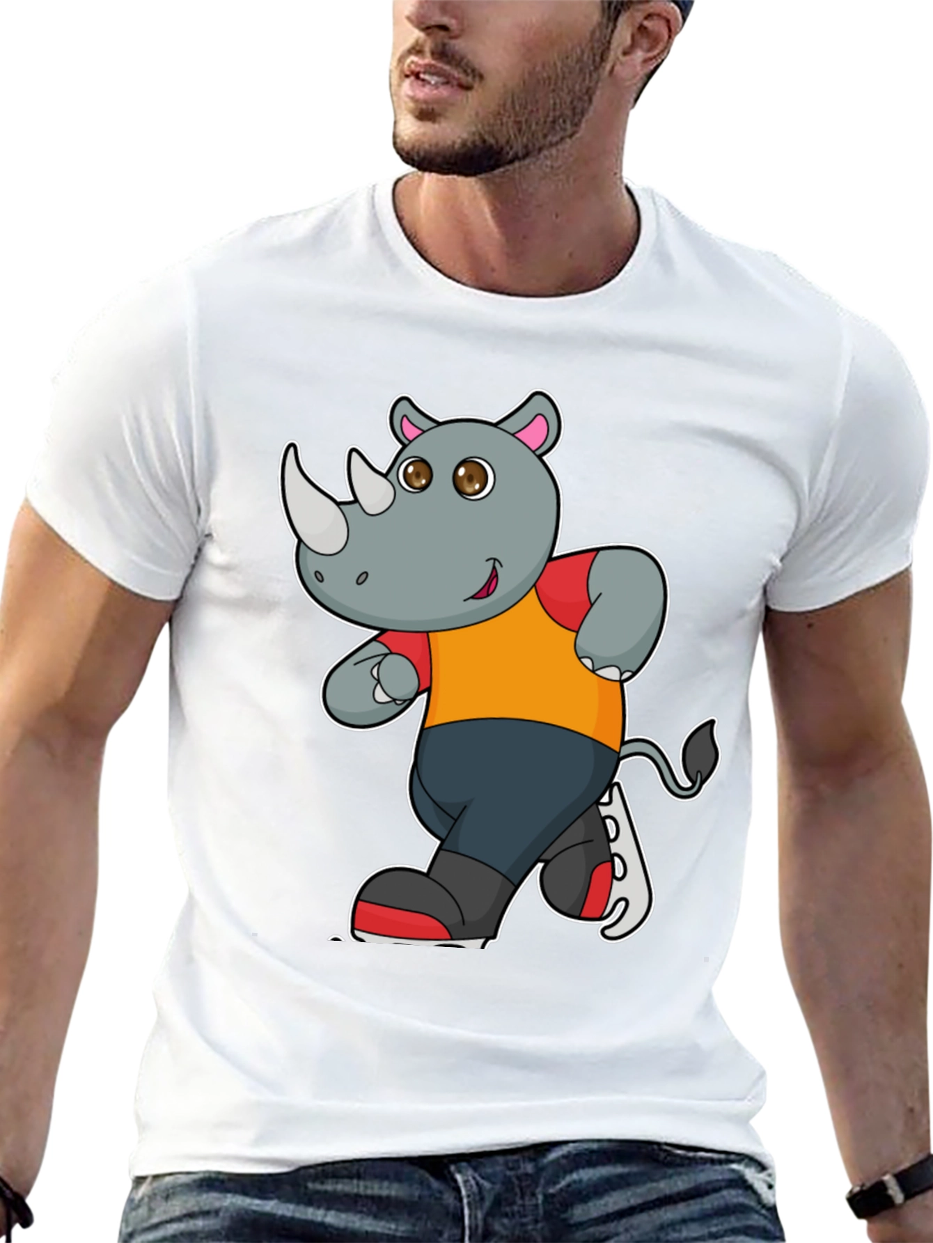 Black Rhino Cartoon Graphic T-Shirt - Black Cotton Tee view 13