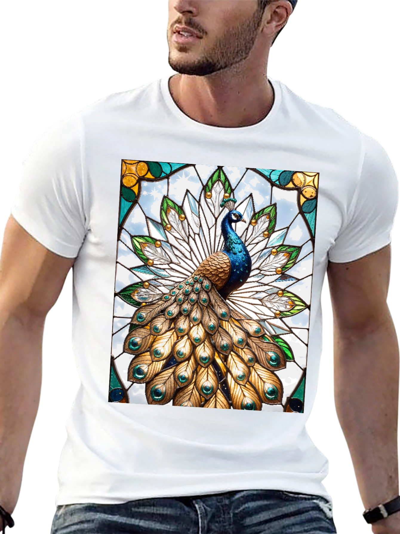 Black Peacock Stained Glass Graphic T-Shirt view 13