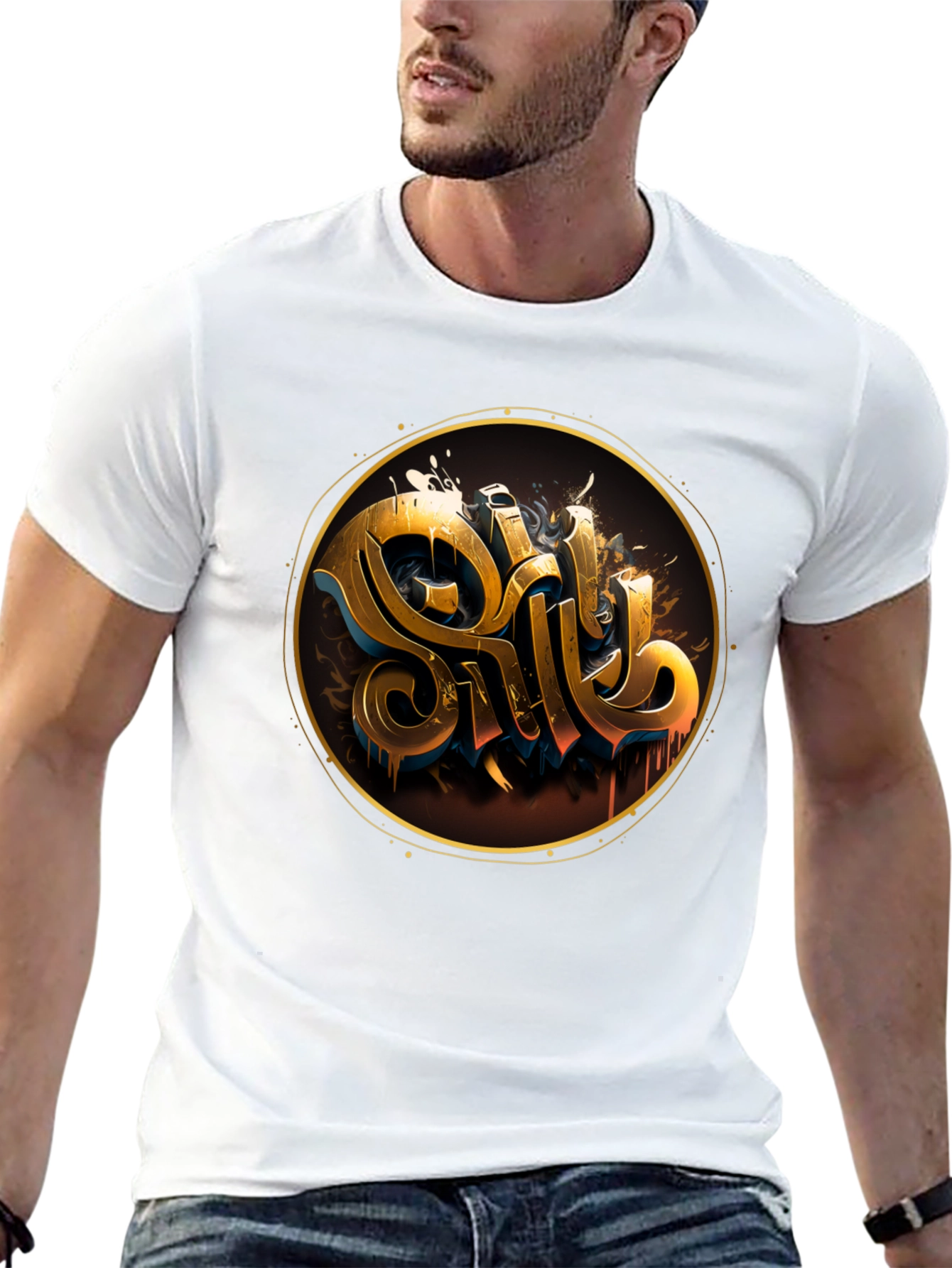 Black Gold Letter Graphic Black Tee - Stylish Casual Wear view 13