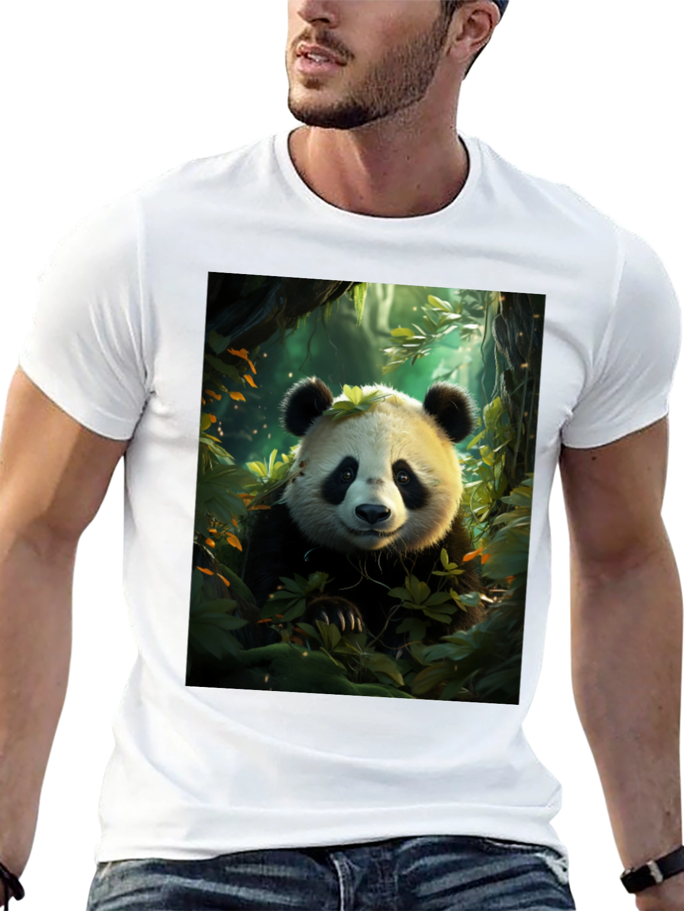 Black Panda in Forest Black T-Shirt view 13