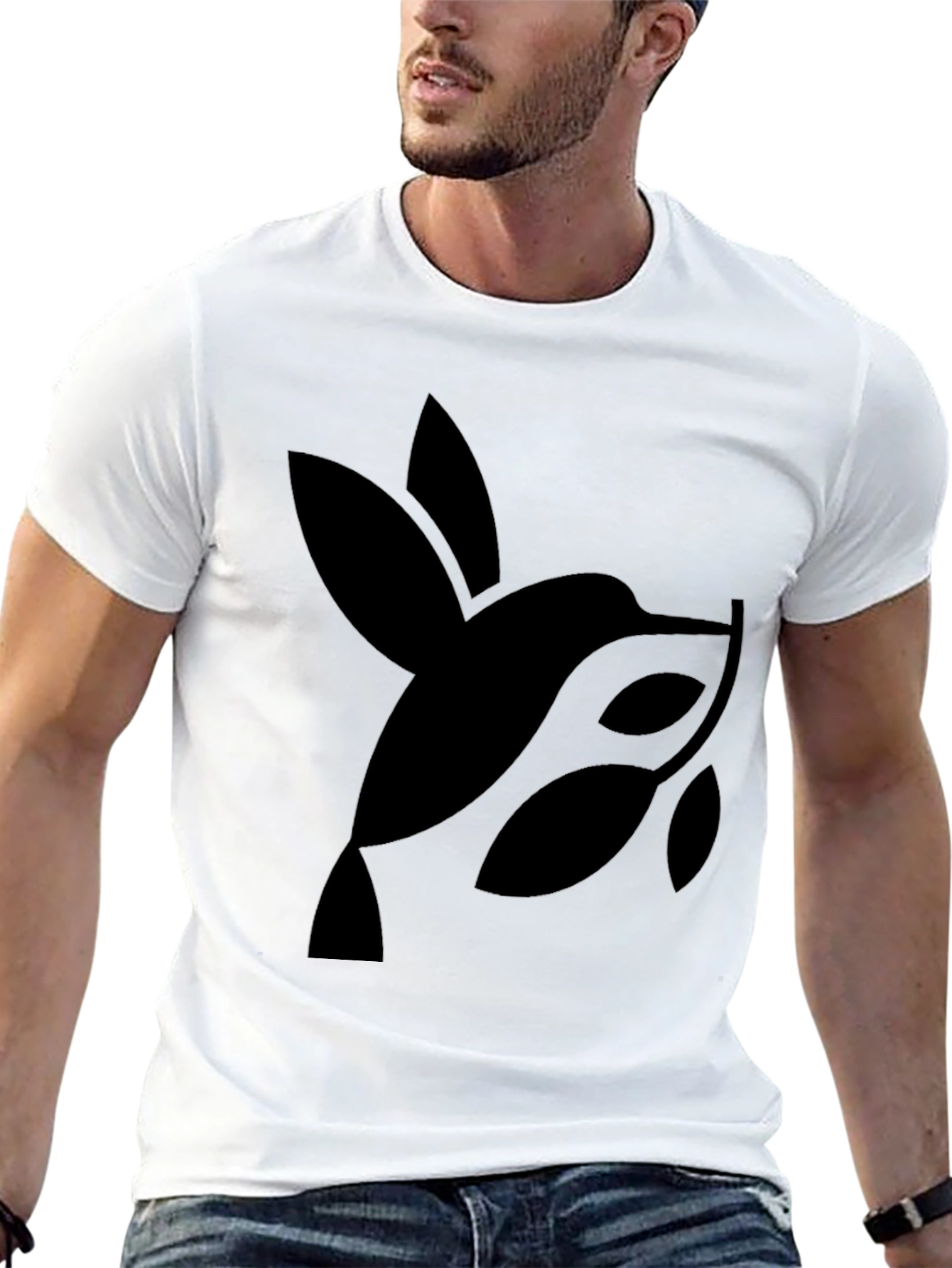 Black Men's Black T-Shirt with Abstract Hummingbird Design view 13