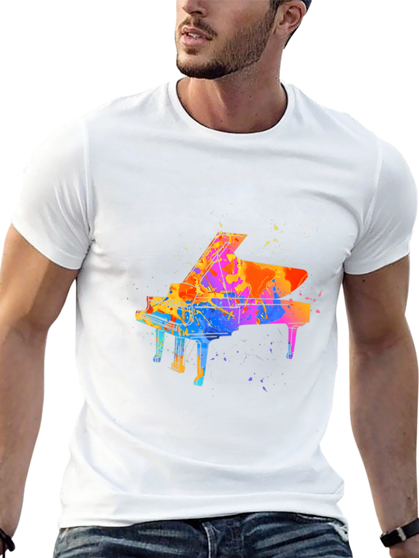 Black Watercolor Piano Graphic Men's Black T-Shirt view 13