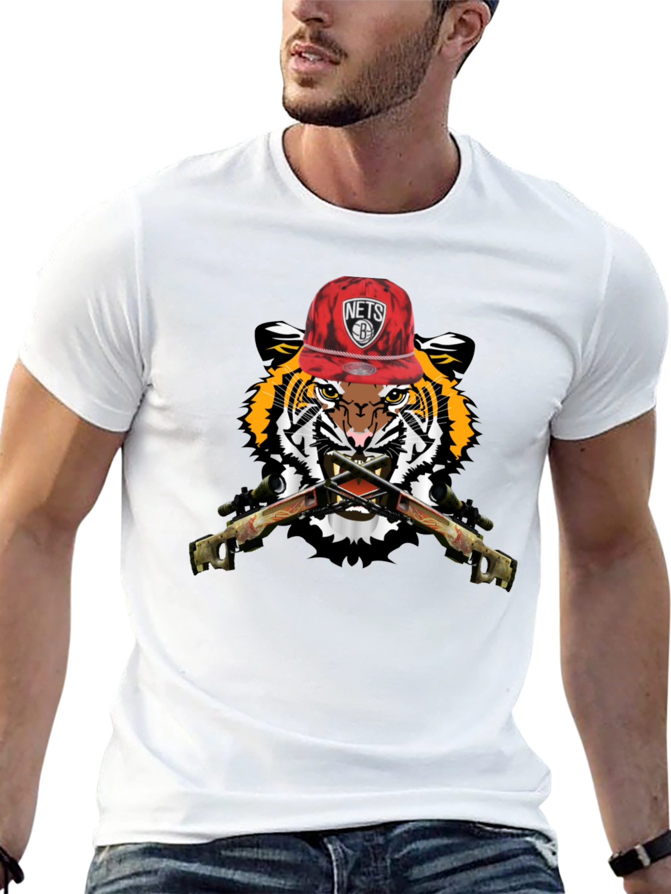 Black Tiger with Nets Hat Graphic Print T-Shirt view 13