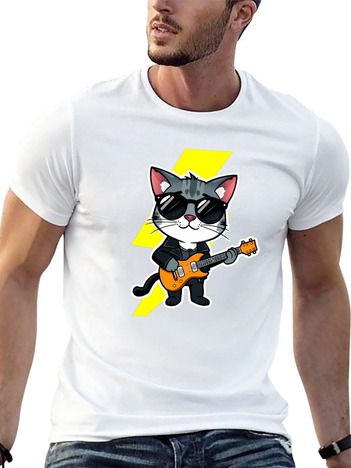 Black Cool Cat Guitarist Black T-Shirt view 13
