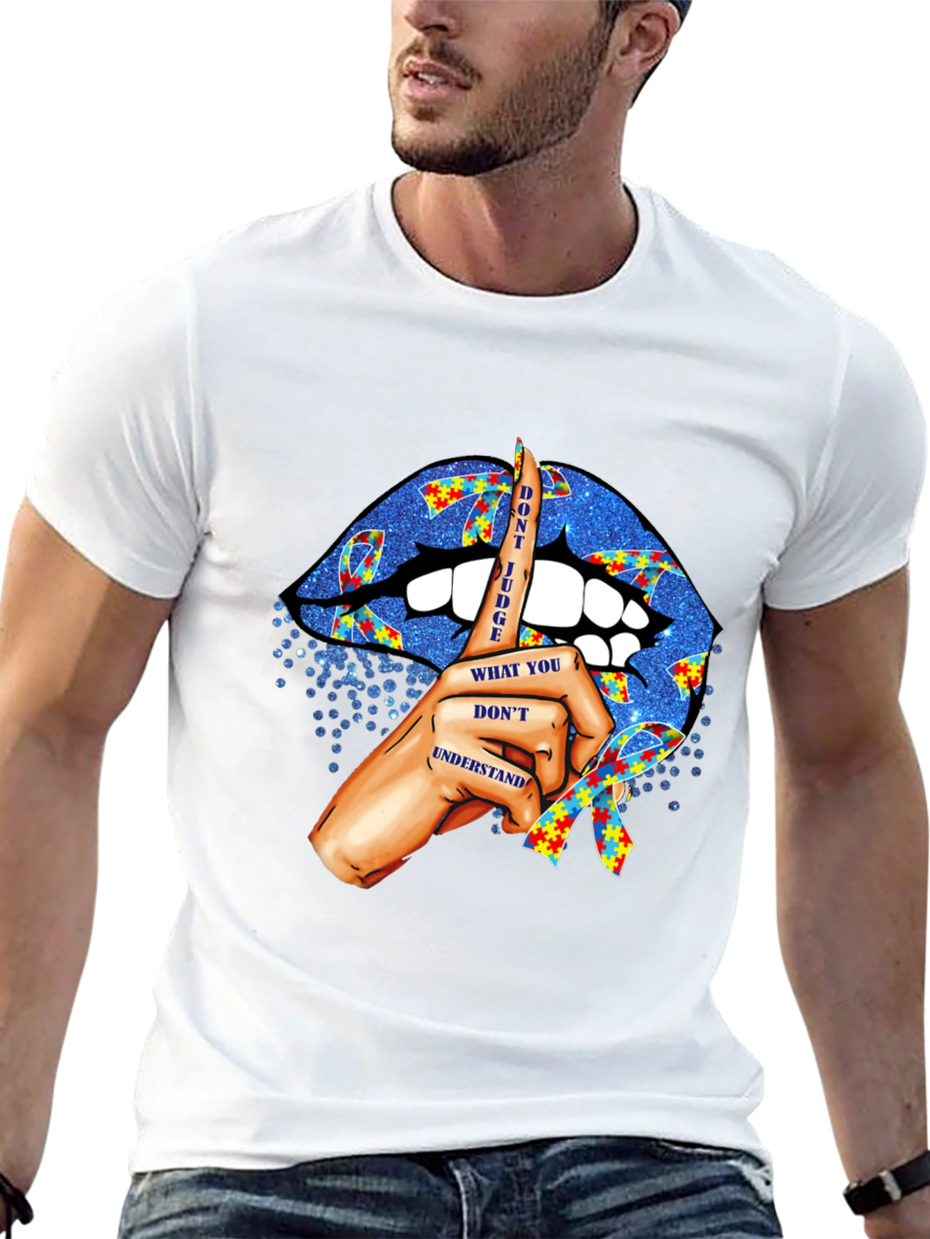 Black Autism Awareness Lips T-Shirt - Don't Judge view 13