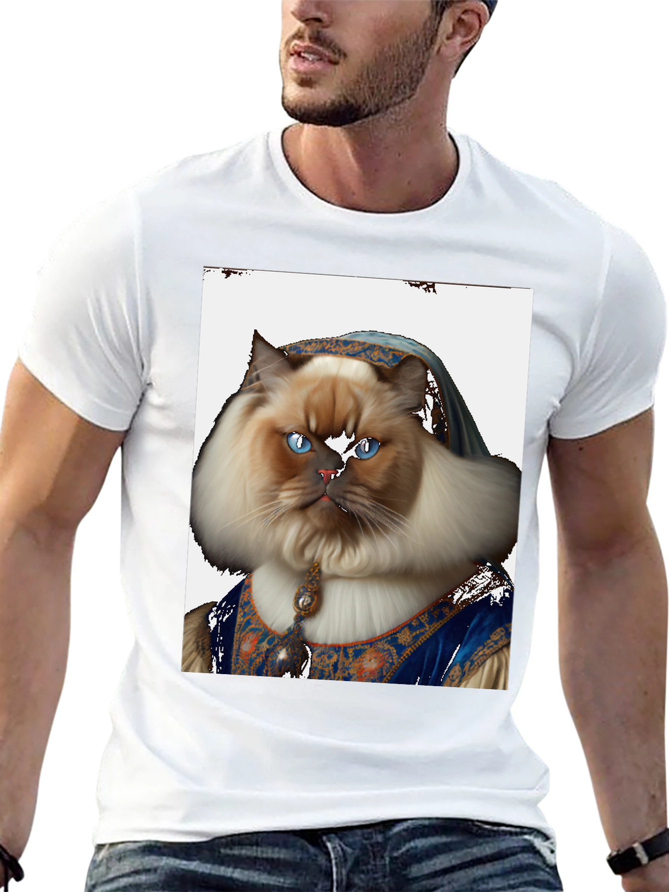 Black Renaissance Cat Portrait T-Shirt - Black view 13