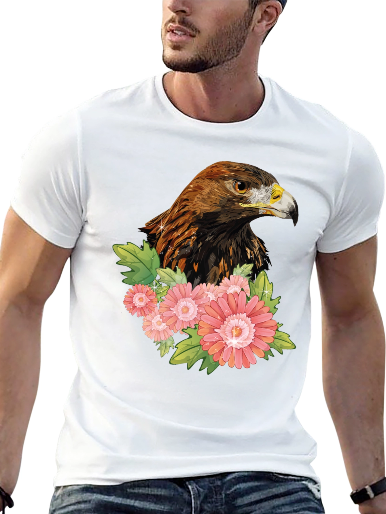 Black Eagle & Flowers Graphic T-Shirt - Men's Black Tee view 13