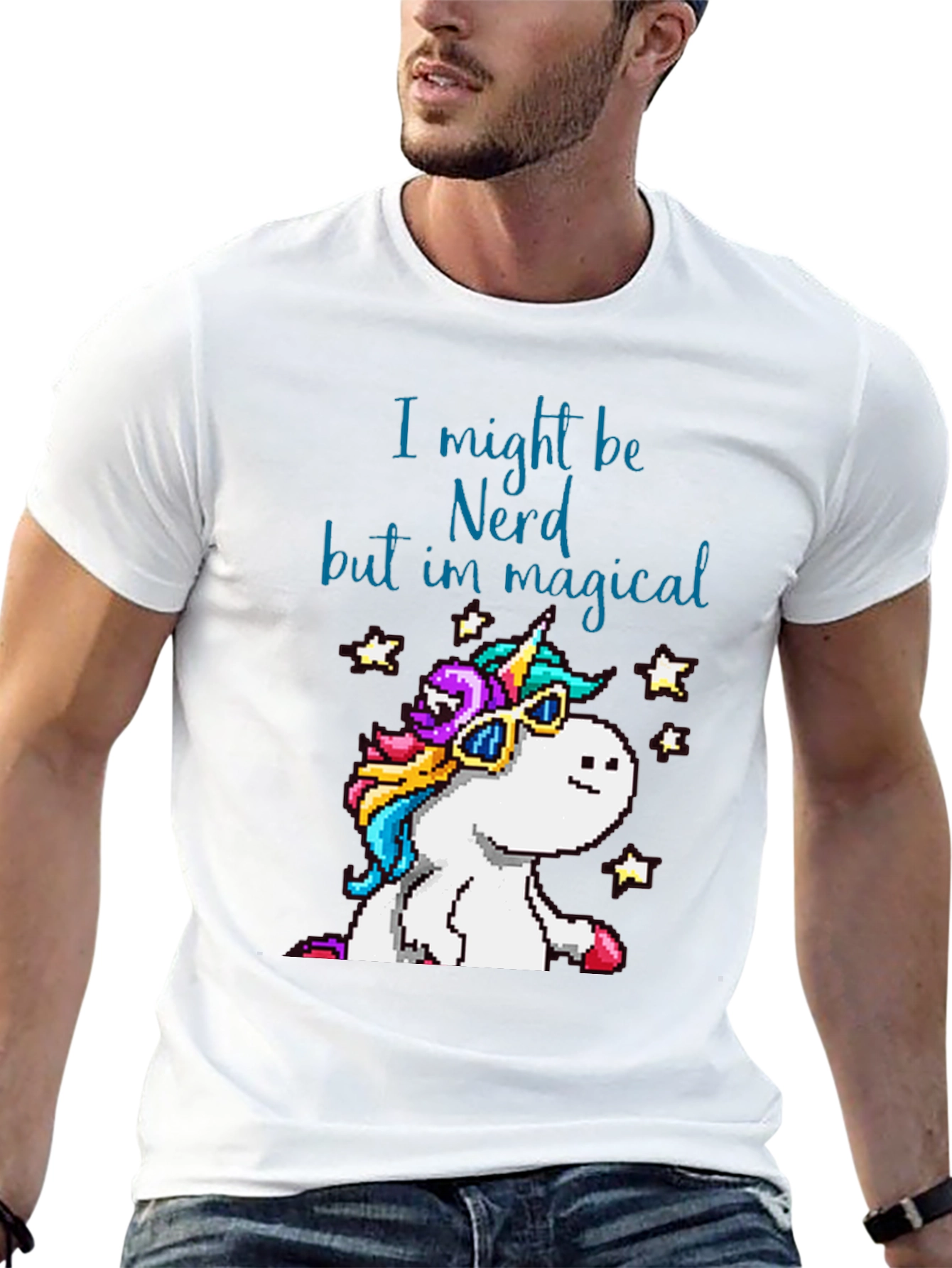 Black Nerd Magical Unicorn T-Shirt - Pixel Art Style view 13