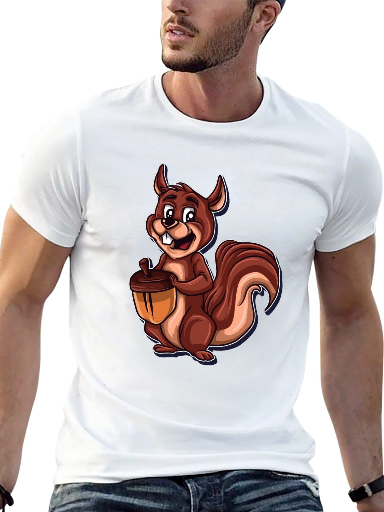 Black Squirrel Holding Acorn Graphic Tee - Black Cotton Shirt view 13