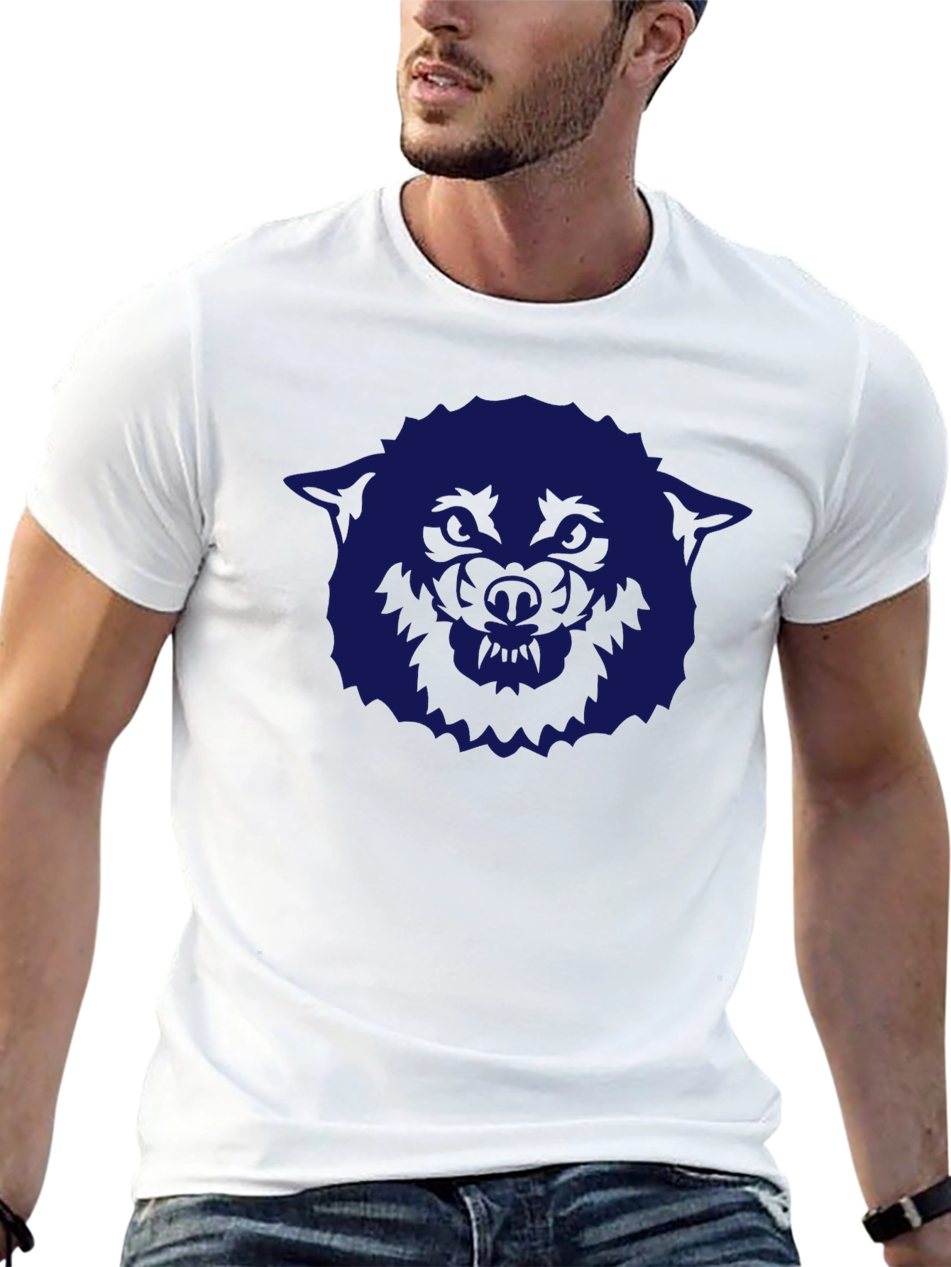 Black Men's Black T-Shirt with Blue Wolf Graphic view 13