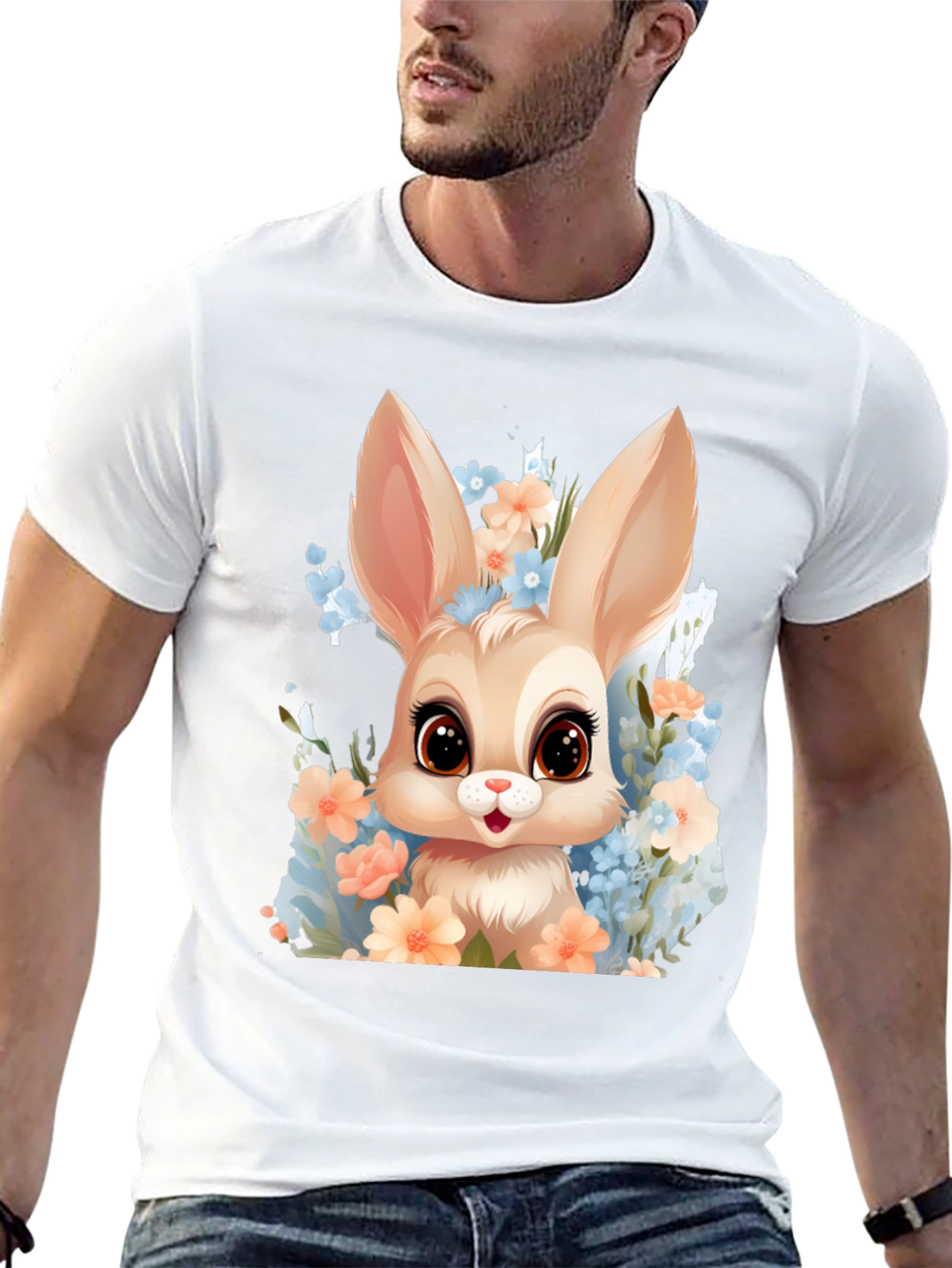 Black Cute Bunny in Flowers Graphic T-Shirt view 13