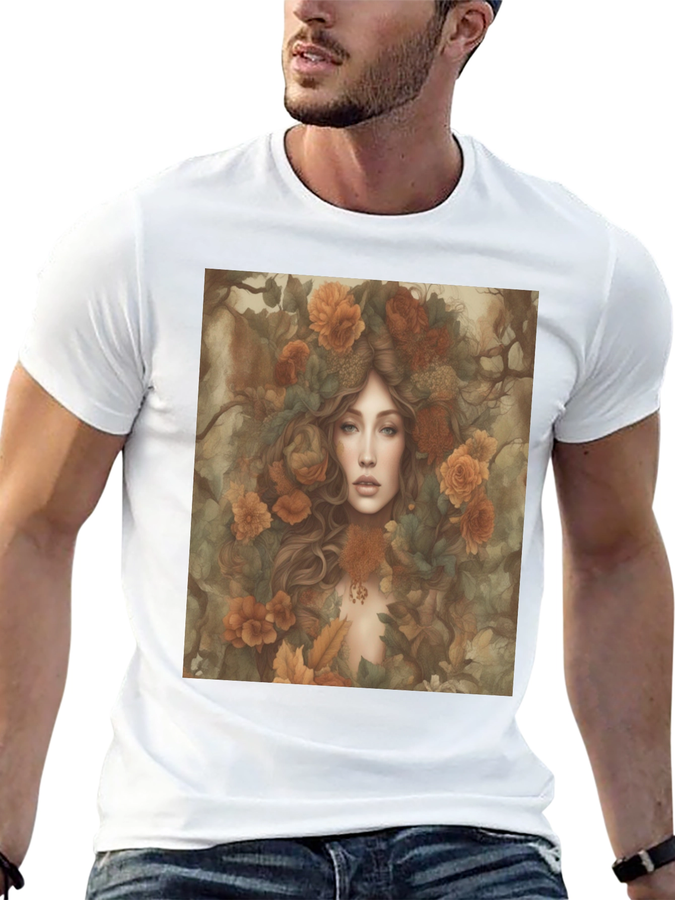Black Floral Fantasy T-Shirt: Woman with Autumn Flowers view 13