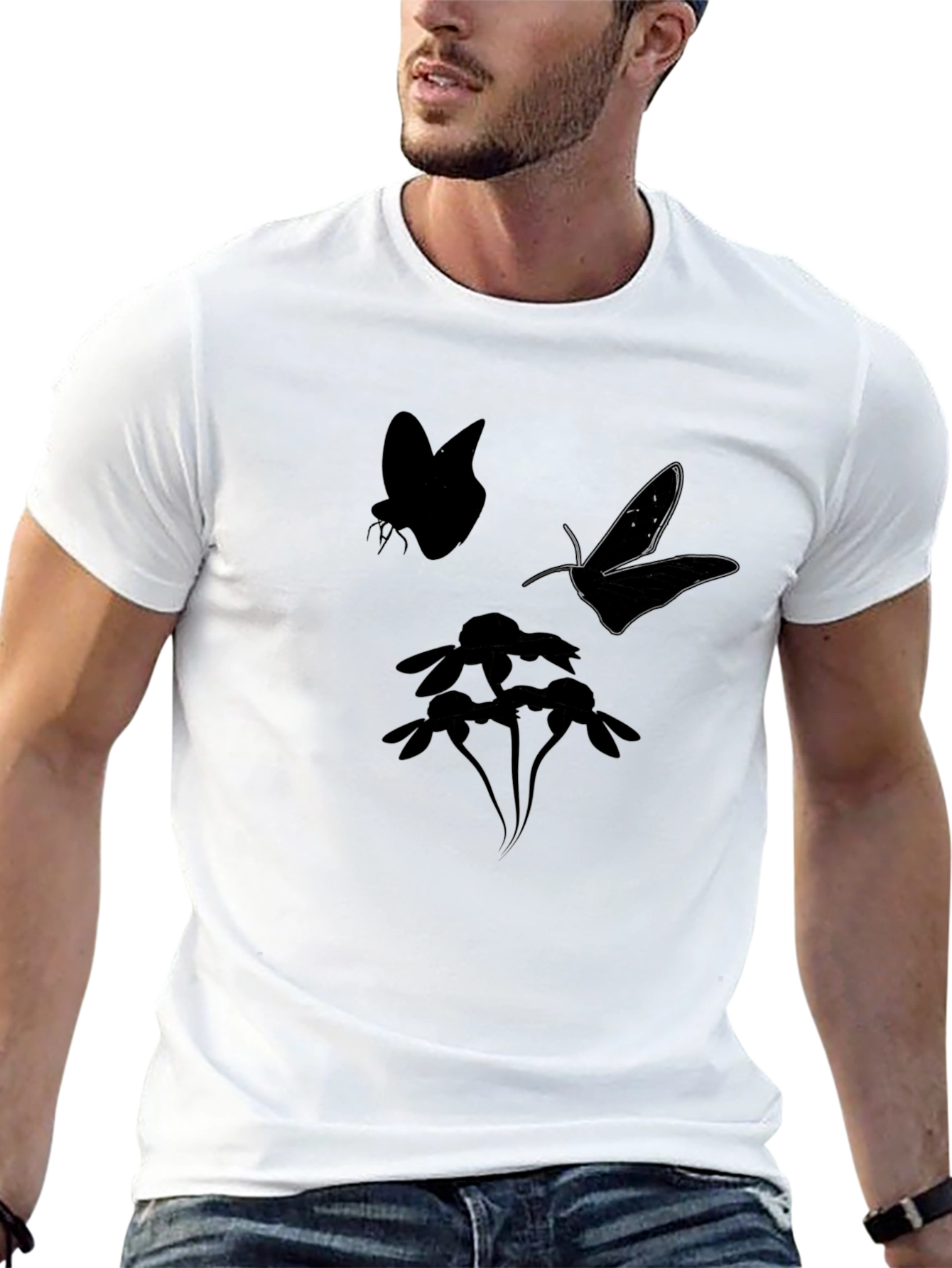 Black Butterfly & Flower Graphic Tee - Black Cotton Blend view 13
