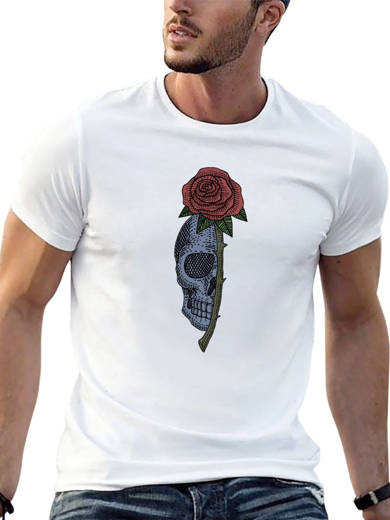 Black Skull & Rose Graphic Tee - Black Cotton T-Shirt view 13