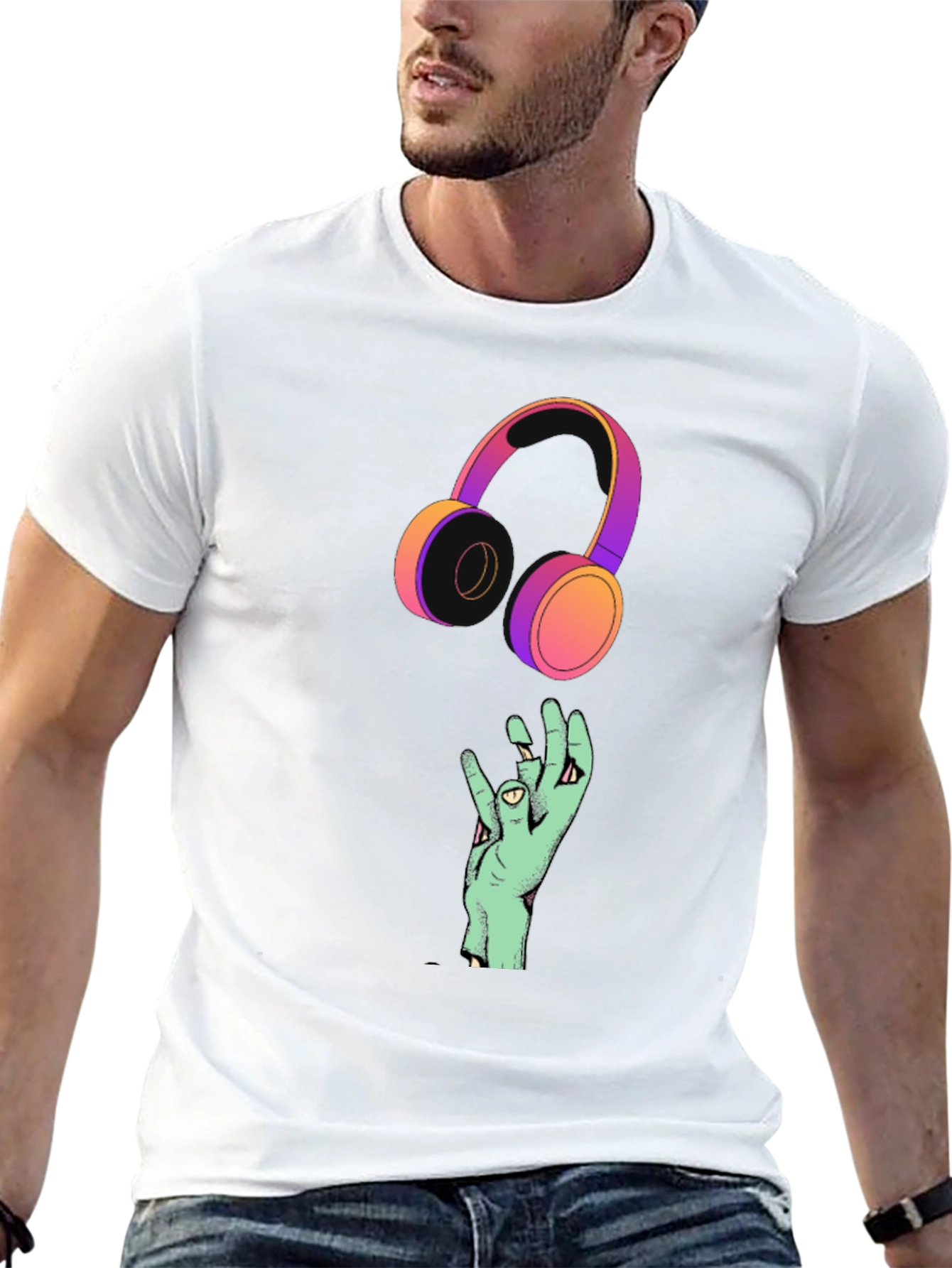 Black Cool Graphic T-Shirt with Headphones and Hand Design view 13