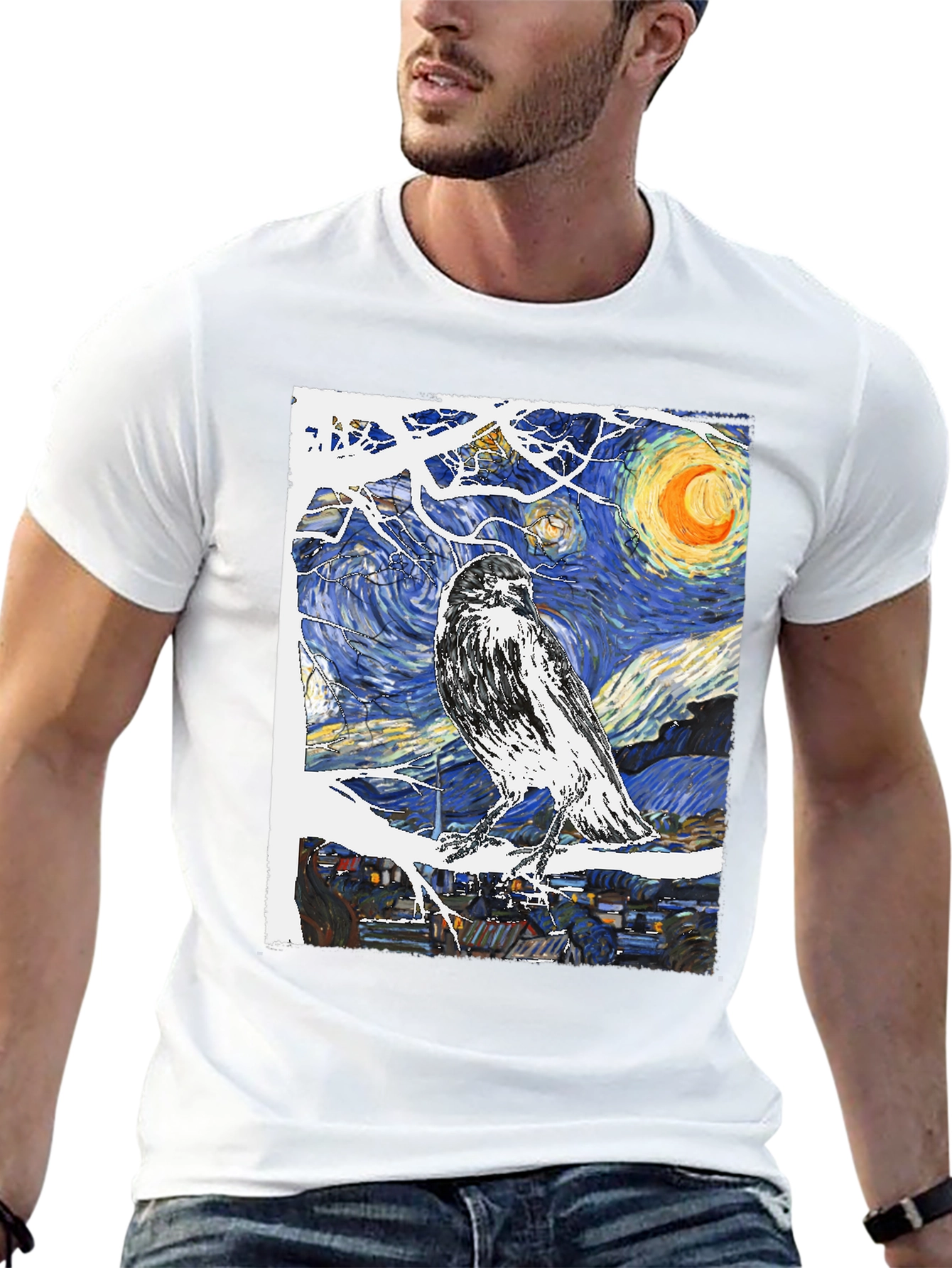 Black Starry Night Raven T-Shirt Art Tee view 13