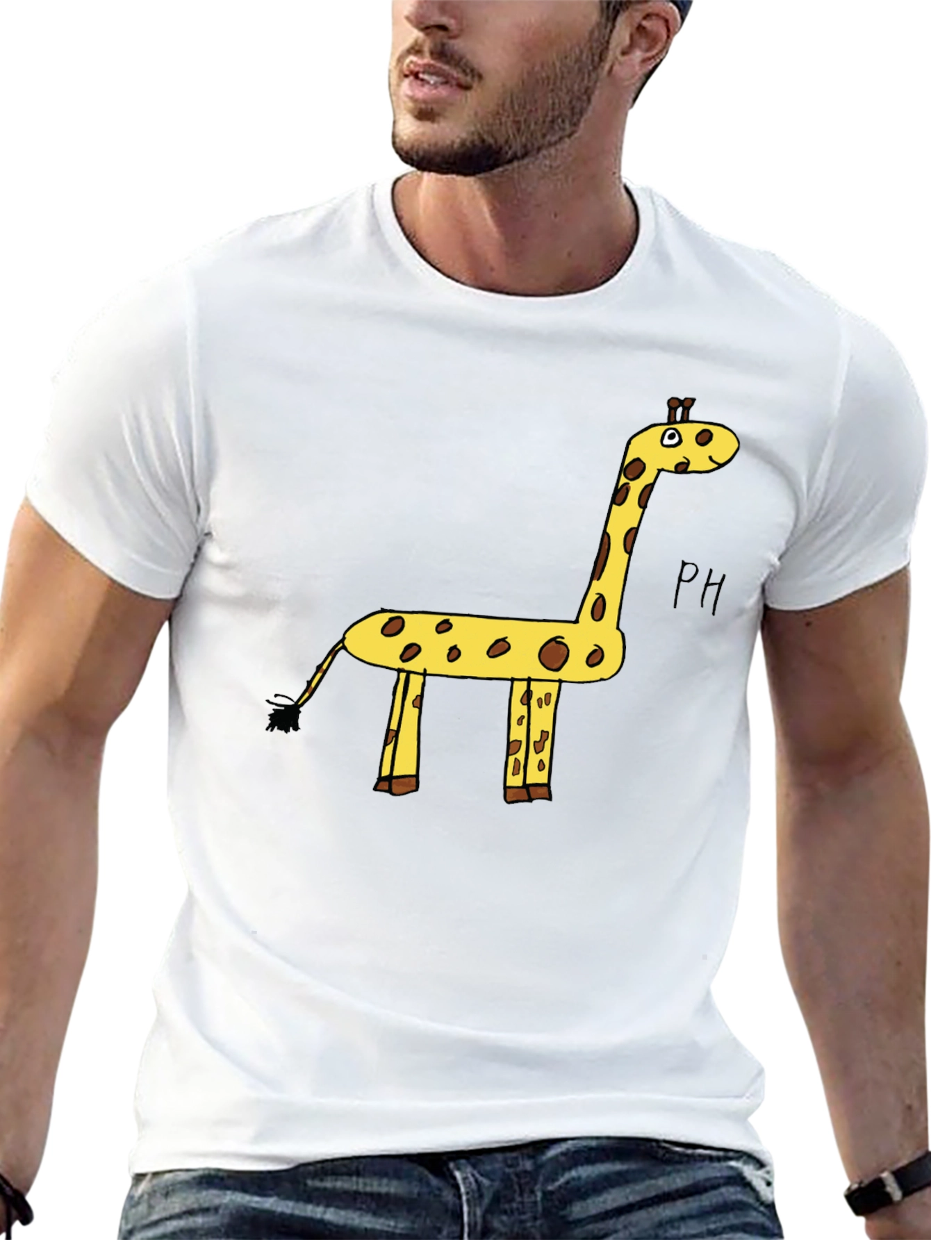 Black Giraffe Cartoon Graphic Tee - Black Cotton T-Shirt view 13