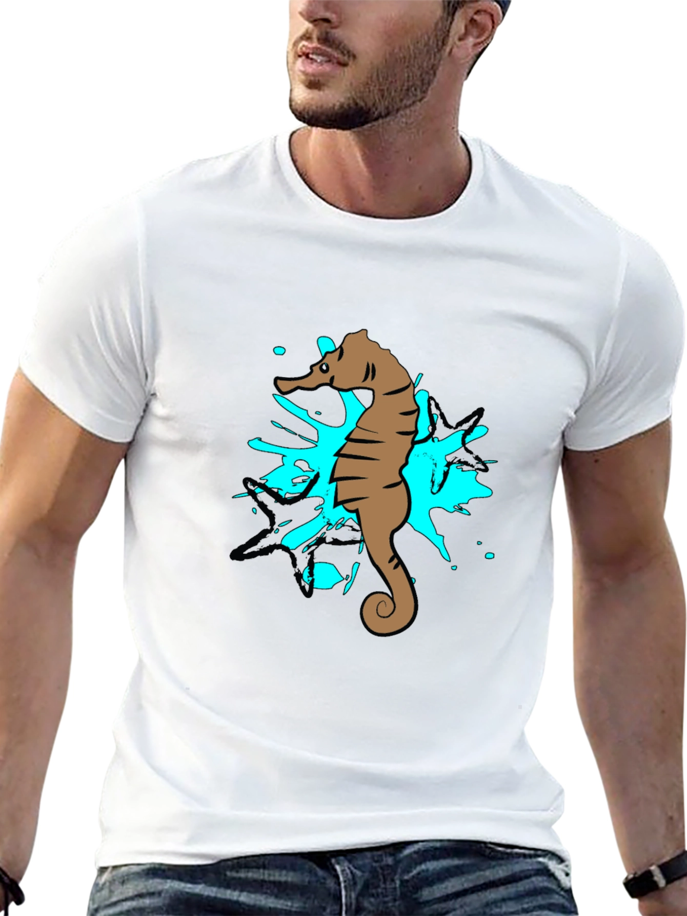 Black Seahorse Splash Graphic T-Shirt - Black Cotton Tee view 13